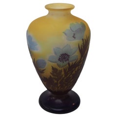 French Art Nouveau Signed Blue Anemone Emile Gallé Cameo Glass Vase circa, 1920