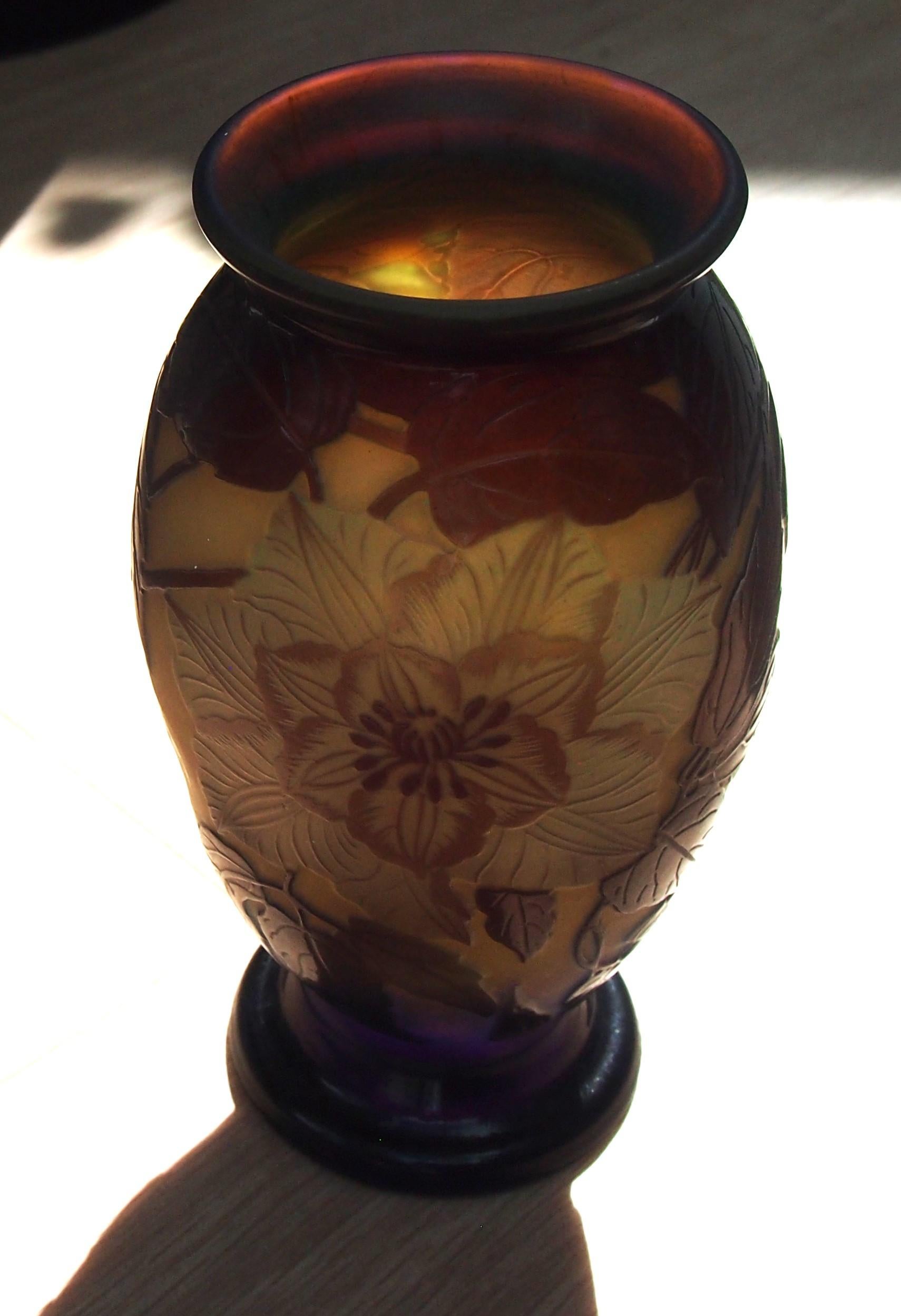 Jarrón de cristal camafeo francés Art Nouveau firmado Clematis Emile Gallé circa, 1920 en venta 1