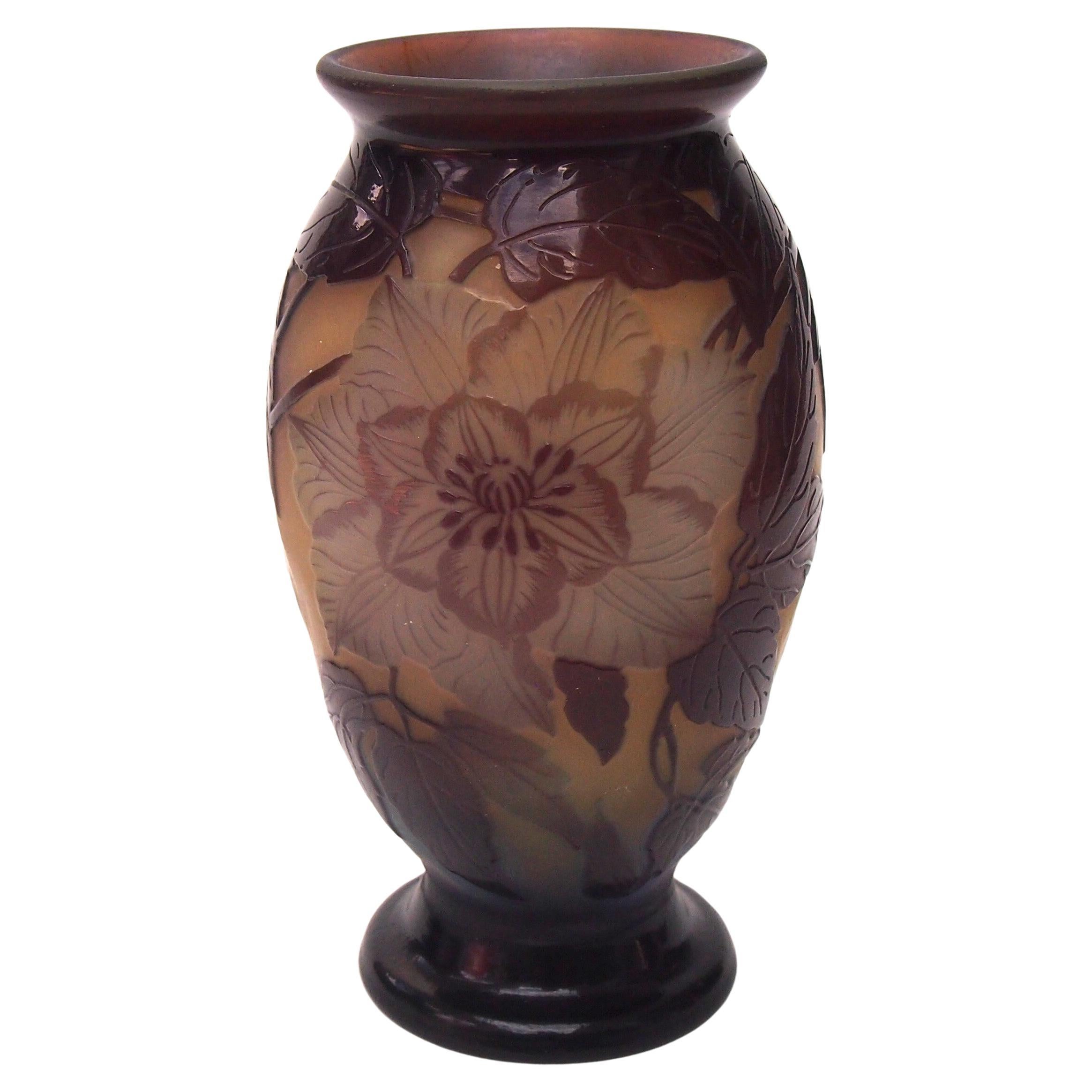 French Art Nouveau Signed Clematis Emile Gallé Cameo Glass Vase circa, 1920