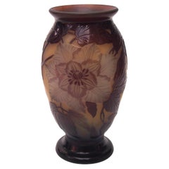 Antique French Art Nouveau Signed Clematis Emile Gallé Cameo Glass Vase circa, 1920