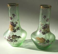 French Art Nouveau Legras Pair of Acid Cut Back Violets Glass Vases, circa 1898