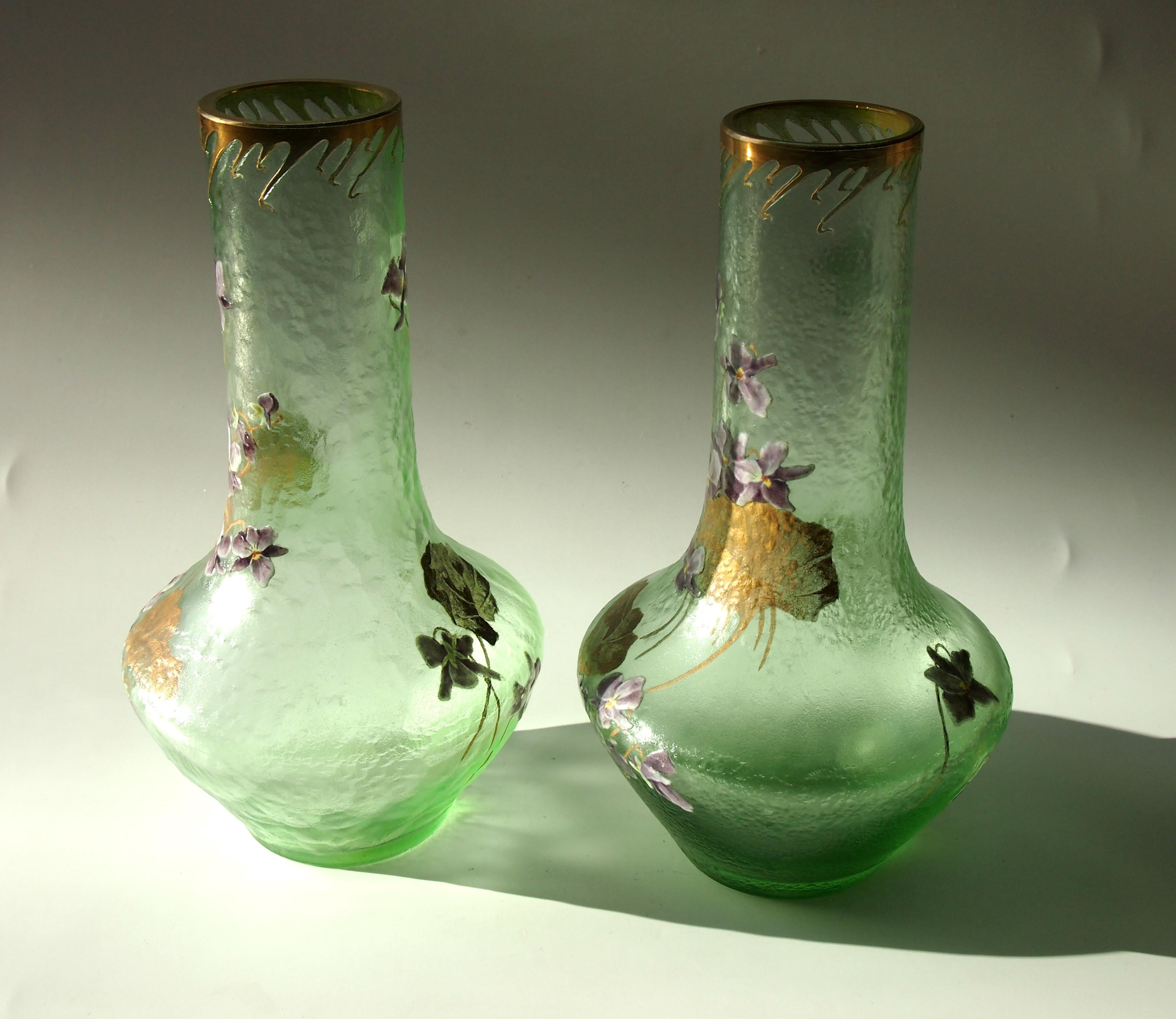French Art Nouveau Legras Pair of Acid Cut Back Violets Glass Vases, circa 1898 In Good Condition For Sale In London, GB