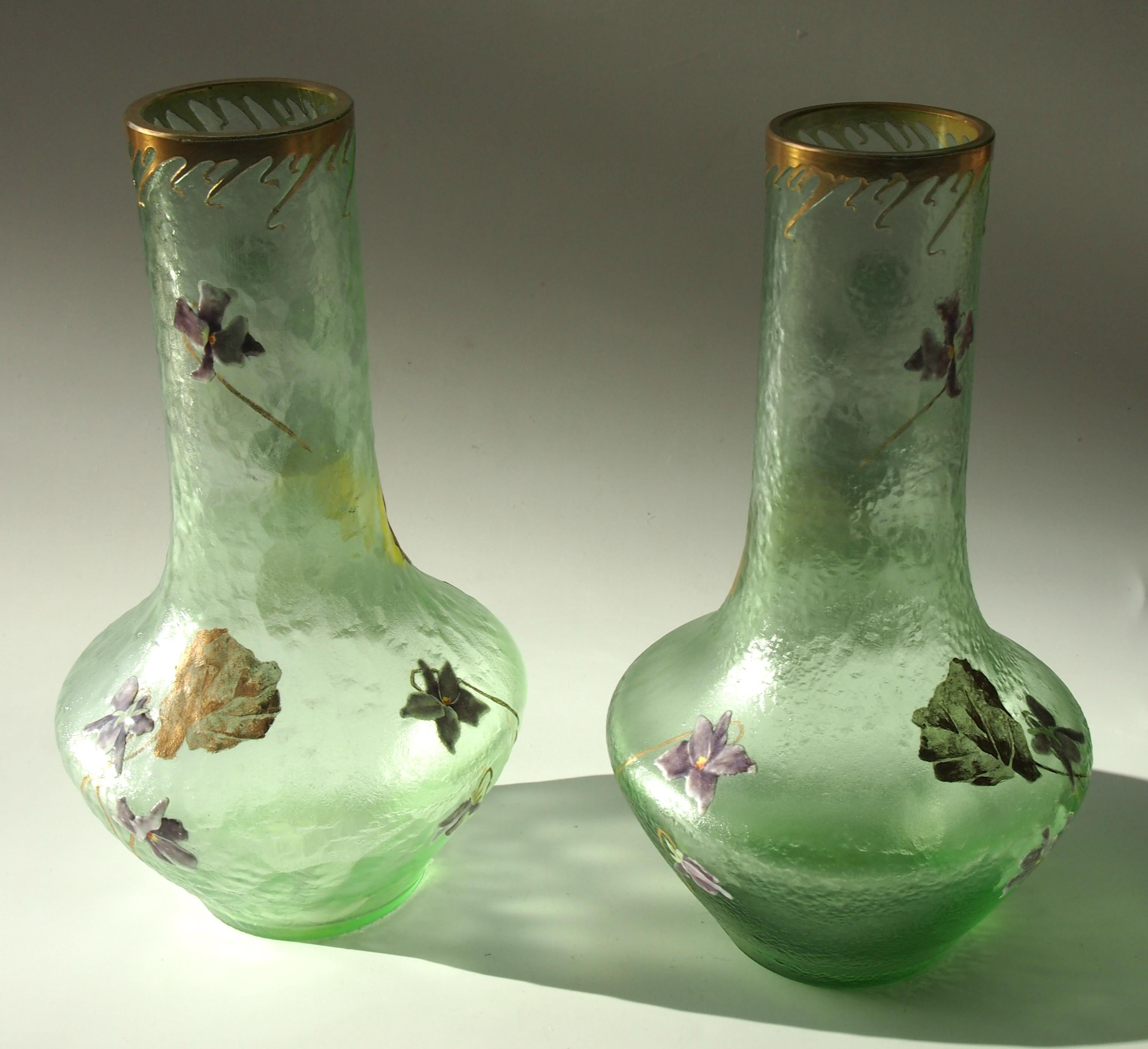 Late 19th Century French Art Nouveau Legras Pair of Acid Cut Back Violets Glass Vases, circa 1898 For Sale