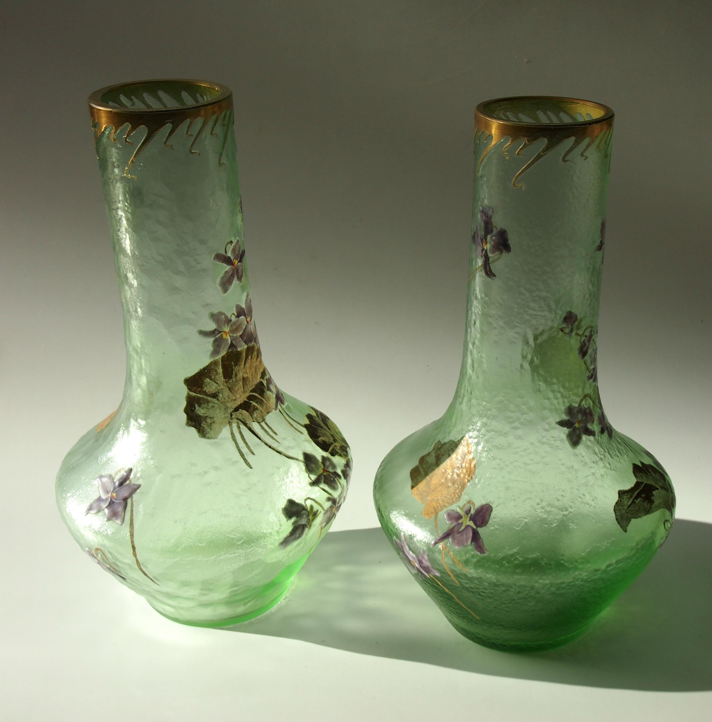 Art Glass French Art Nouveau Legras Pair of Acid Cut Back Violets Glass Vases, circa 1898 For Sale
