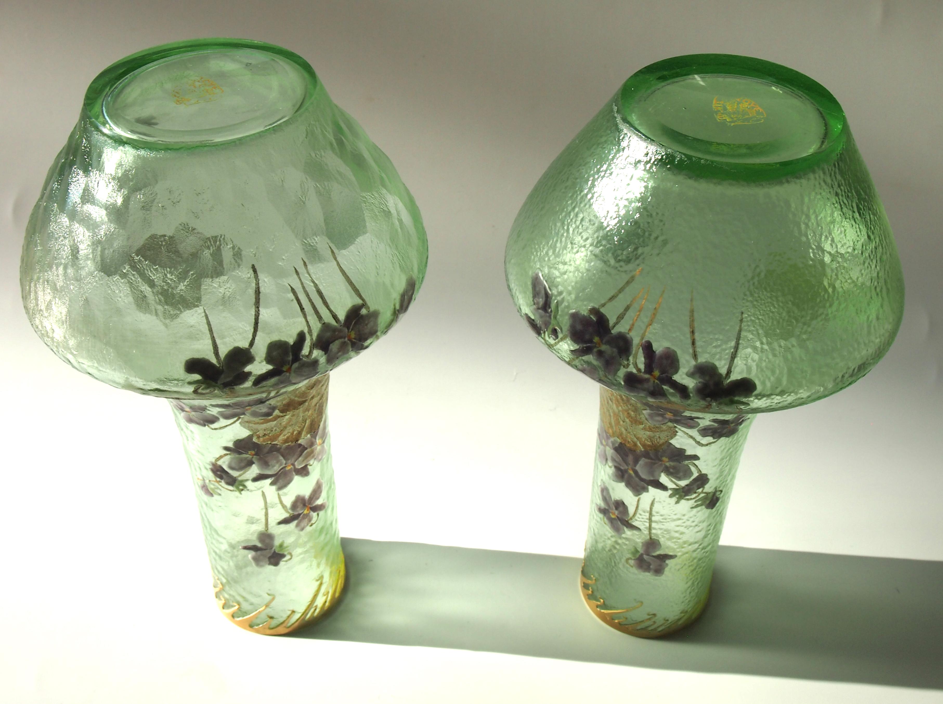 French Art Nouveau Legras Pair of Acid Cut Back Violets Glass Vases, circa 1898 For Sale 4