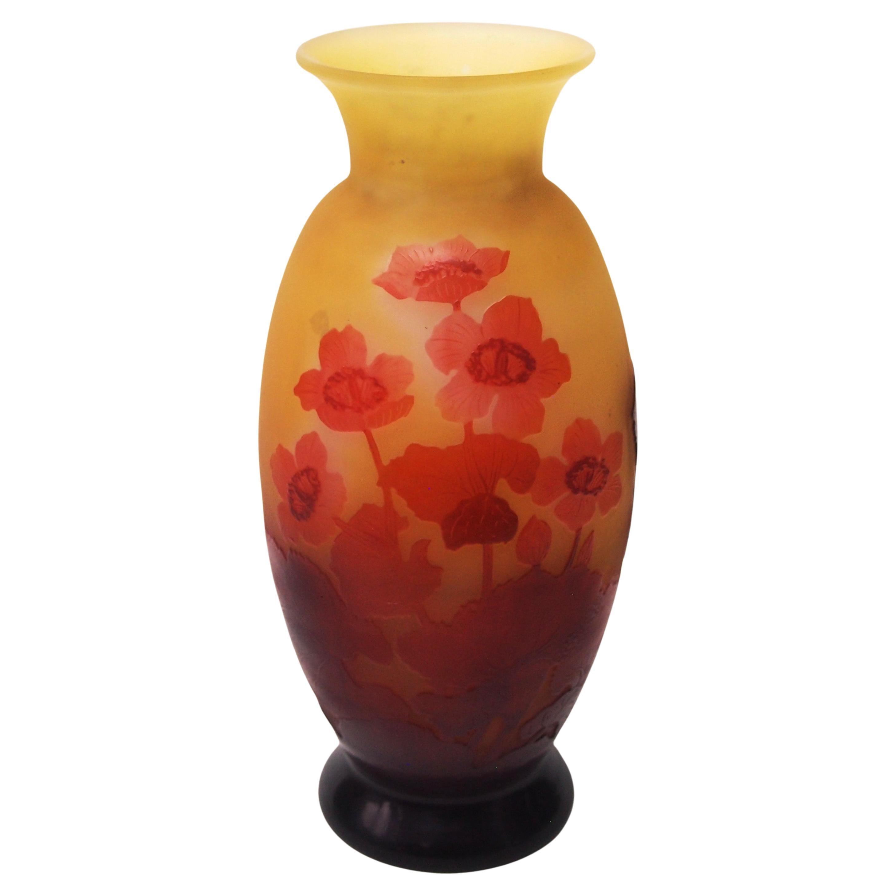 French Art Nouveau Signed Red Anemone Emile Gallé Cameo Glass Vase circa, 1925