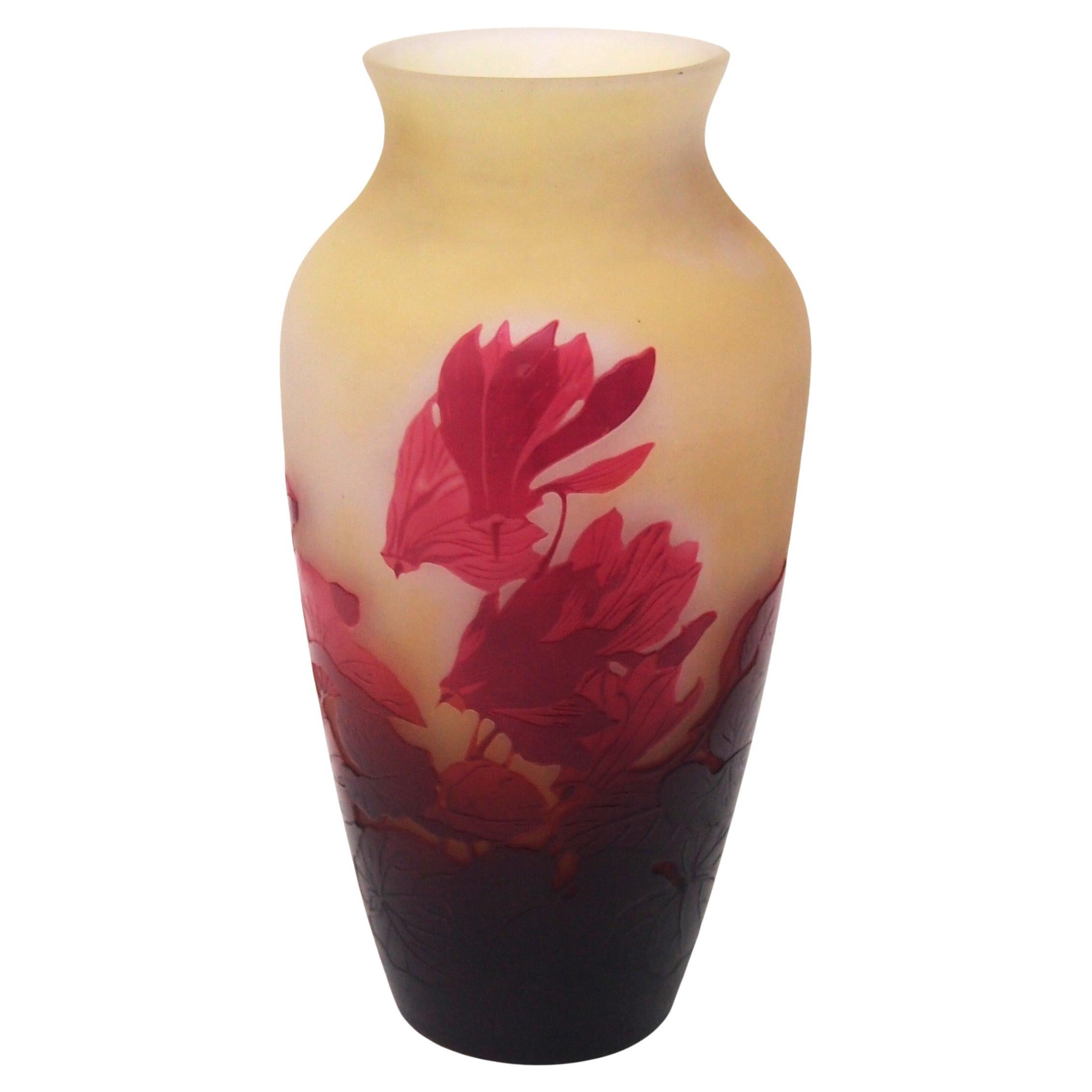 French Art Nouveau Signed Red Cyclamen Emile Gallé Cameo Glass Vase circa 1920