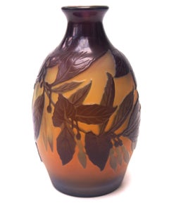 French Art Nouveau Signed Slim Fuchsia Emile Gallé Cameo Glass Vase circa, 1920