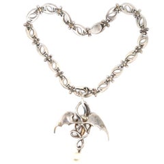 French Art Nouveau Silver Paste and Faux Pearl Winged Serpent Necklace