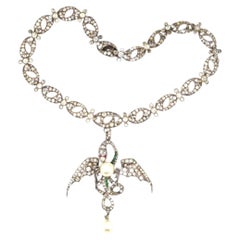 French Art Nouveau Silver Paste and Faux Pearl Winged Serpent Necklace
