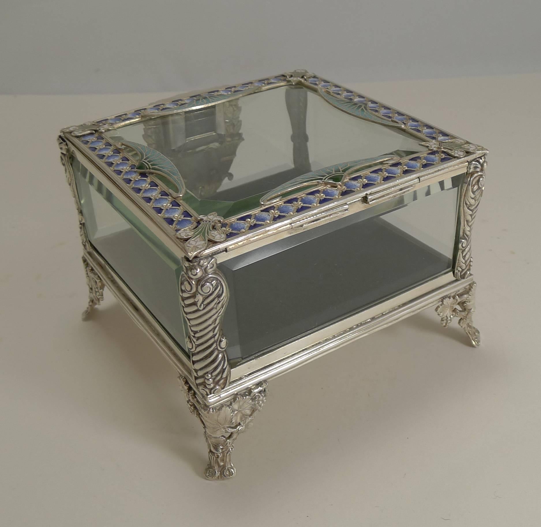 20th Century French Art Nouveau Silver Plate and Enamel Jewelry Box, circa 1900