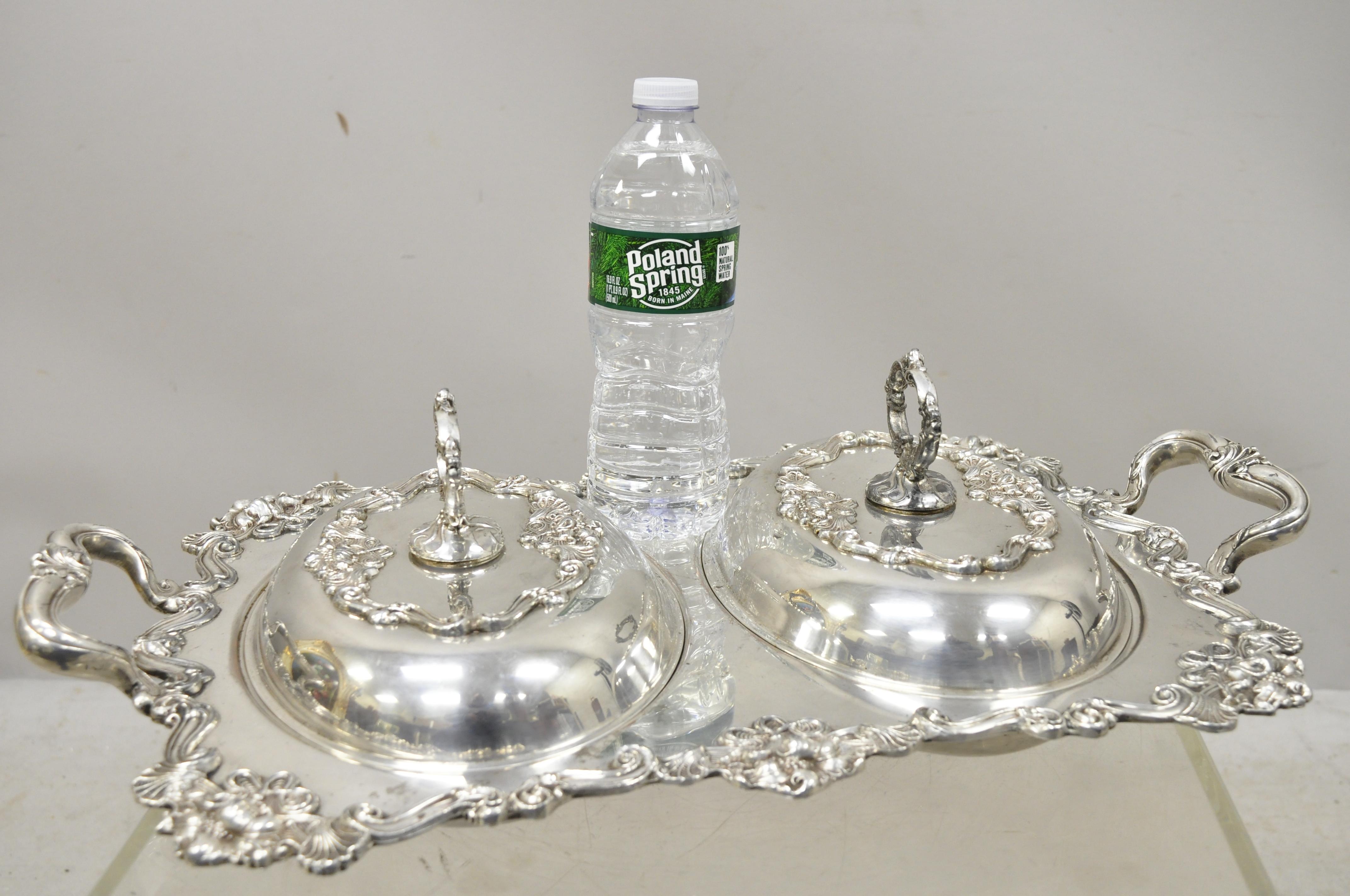 French Art Nouveau Silver Plate Double Side Serving Dish Platter Tray with Lids 5