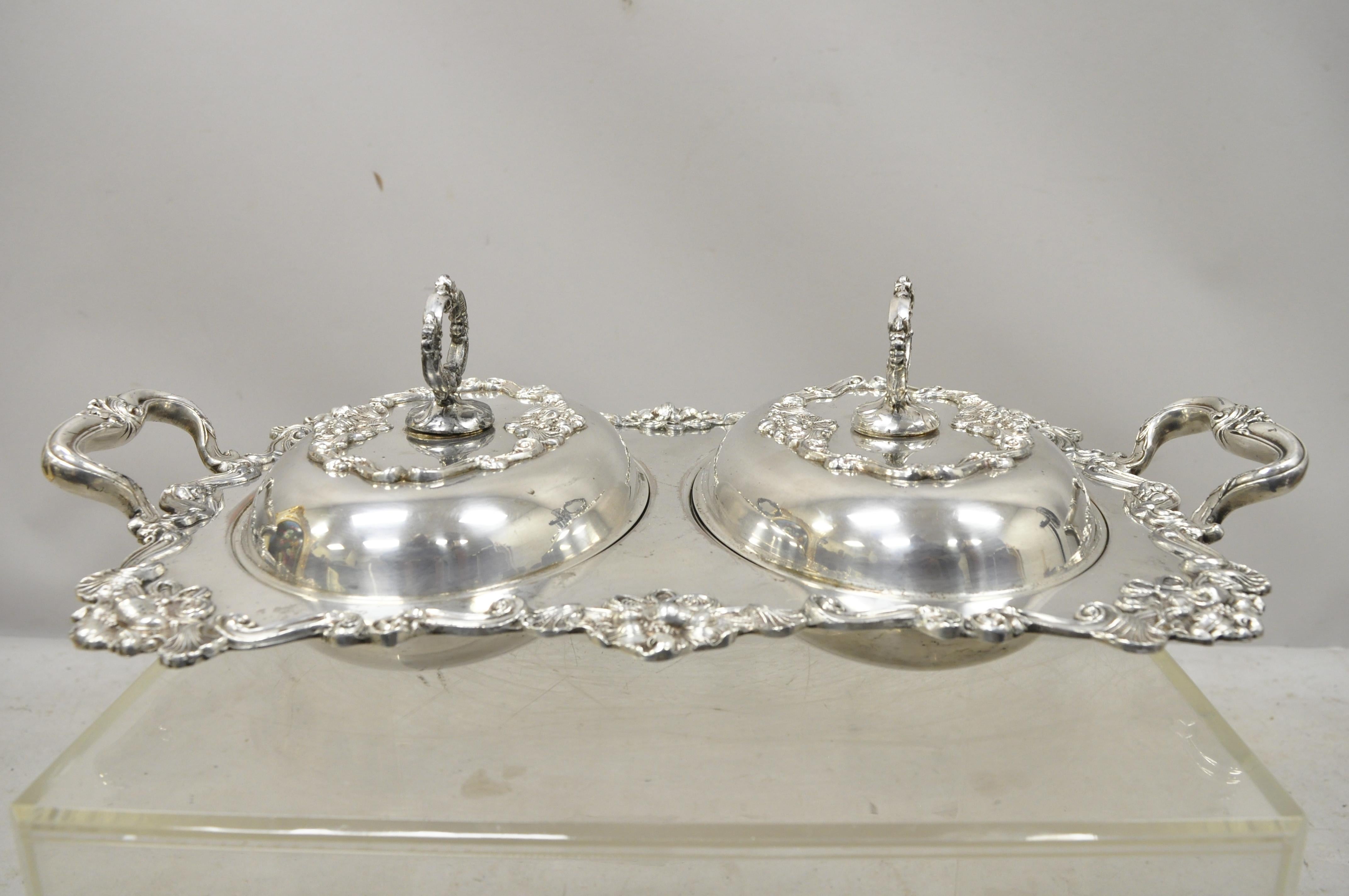 French Art Nouveau Silver Plate Double Side Serving Dish Platter Tray with Lids 7