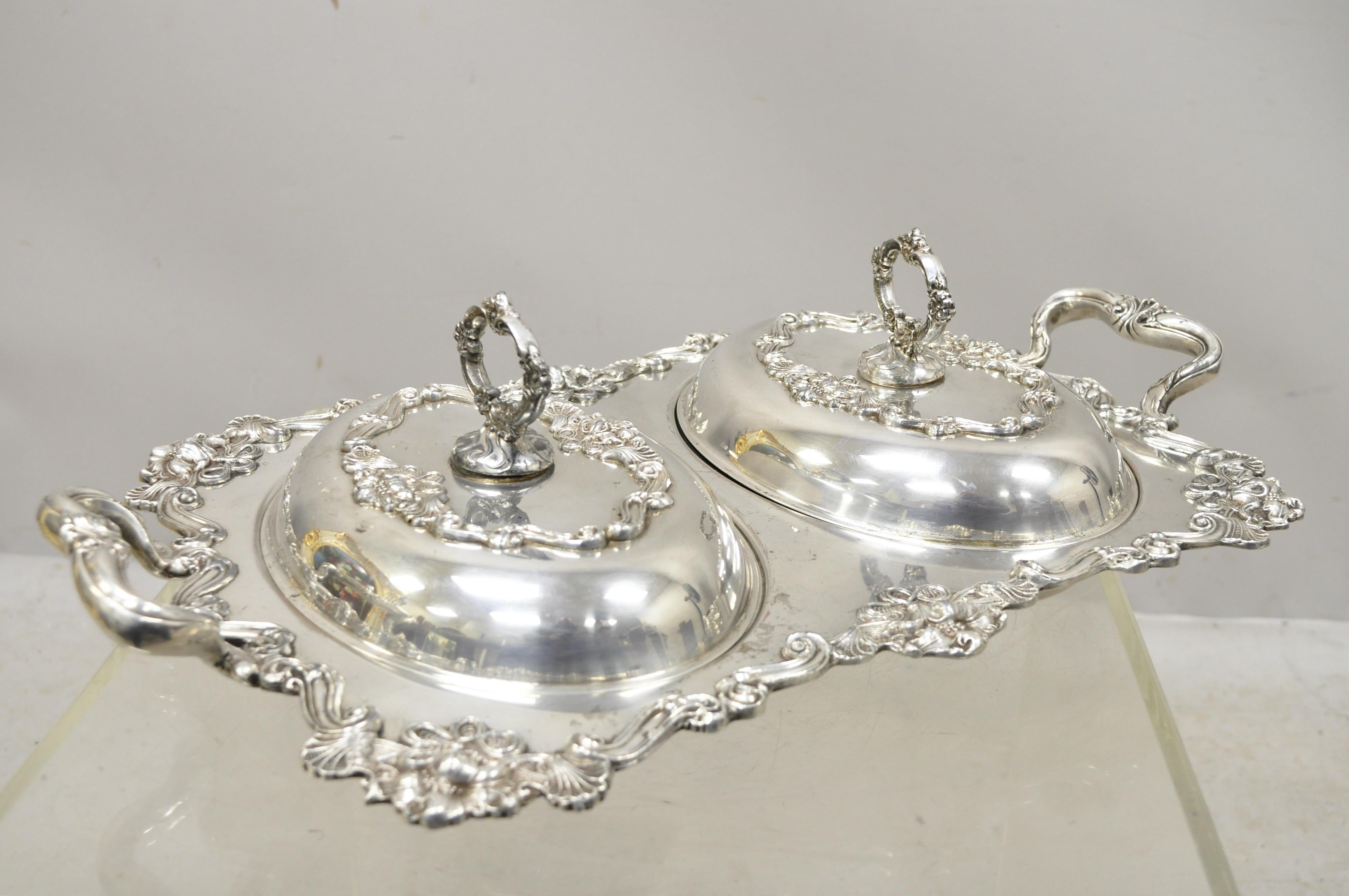 French Art Nouveau style silver plate double side serving dish English platter tray with lids. Item features double lids, ornate floral and lily flower scrollwork, twin handles, very nice antique item, great style and form. Great for use as a fancy