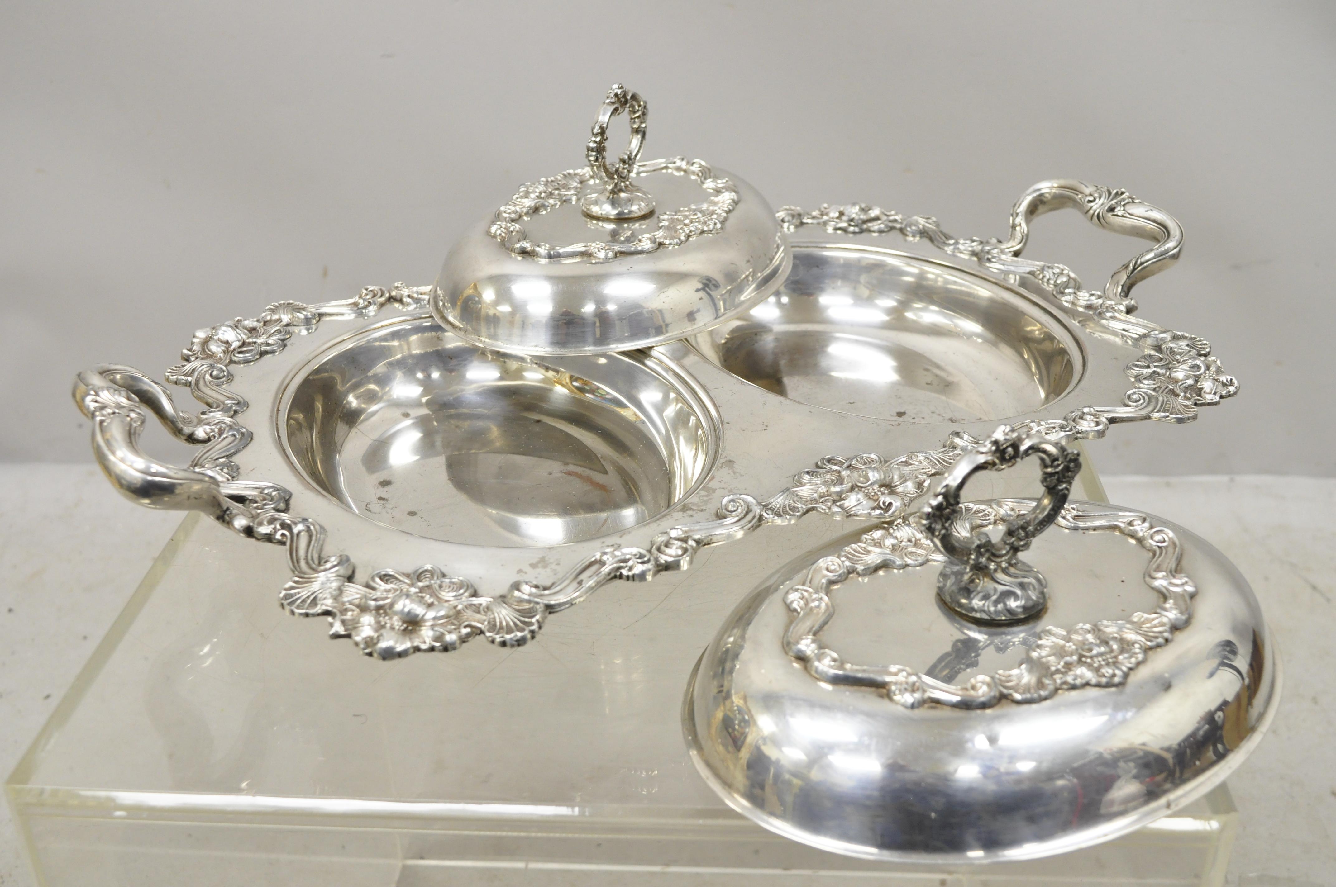 English French Art Nouveau Silver Plate Double Side Serving Dish Platter Tray with Lids