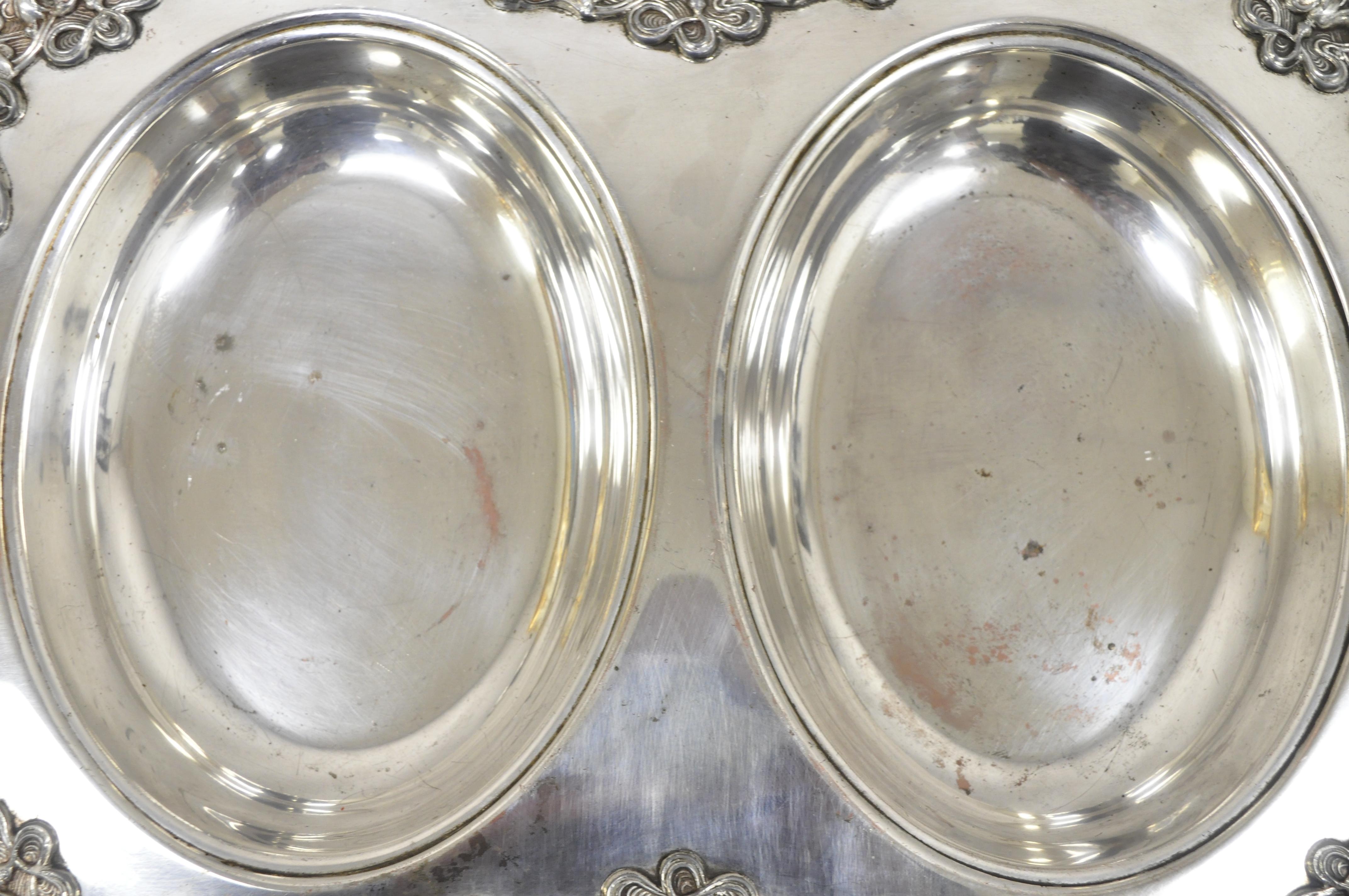 French Art Nouveau Silver Plate Double Side Serving Dish Platter Tray with Lids In Good Condition In Philadelphia, PA