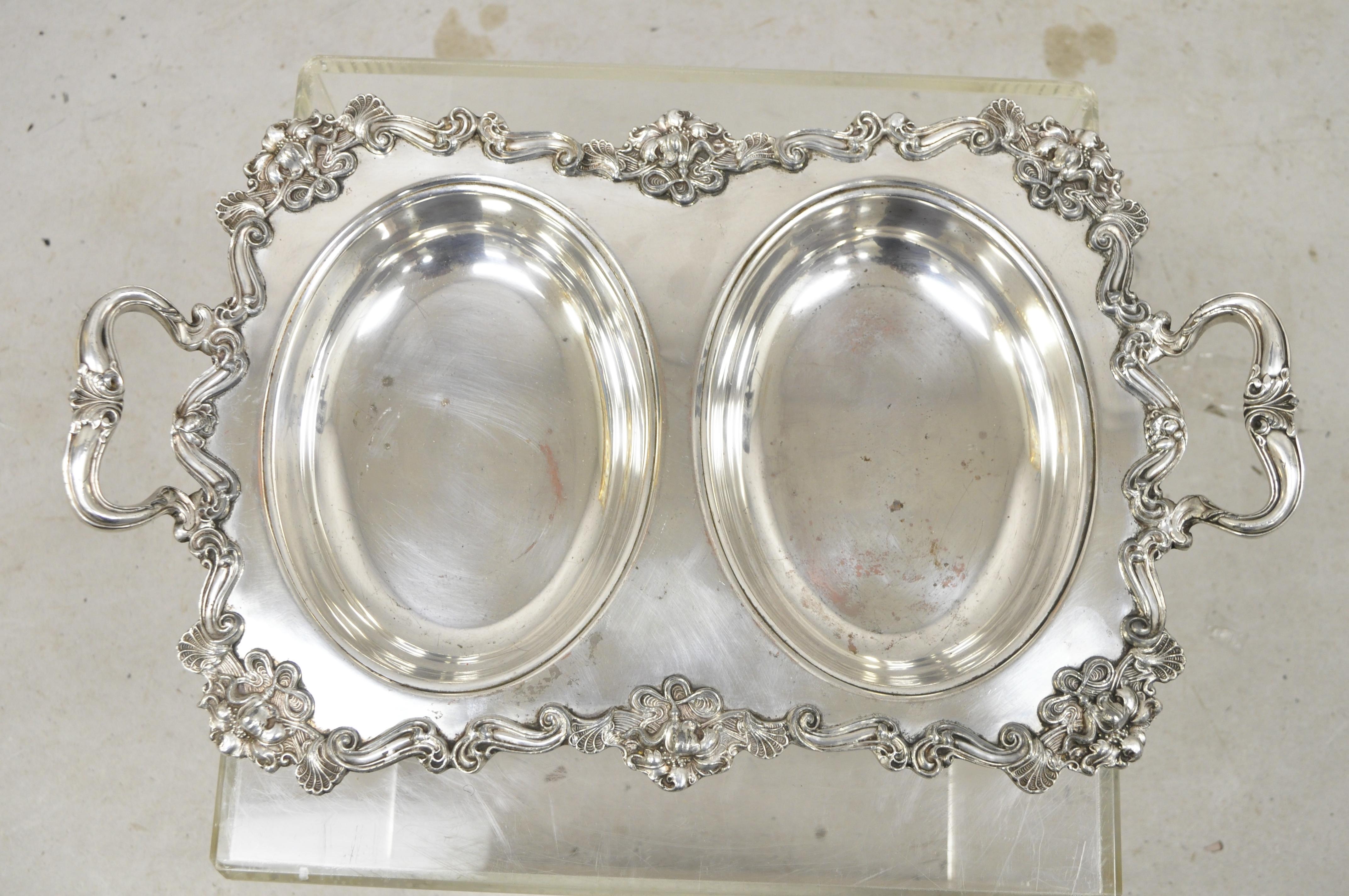 French Art Nouveau Silver Plate Double Side Serving Dish Platter Tray with Lids 4