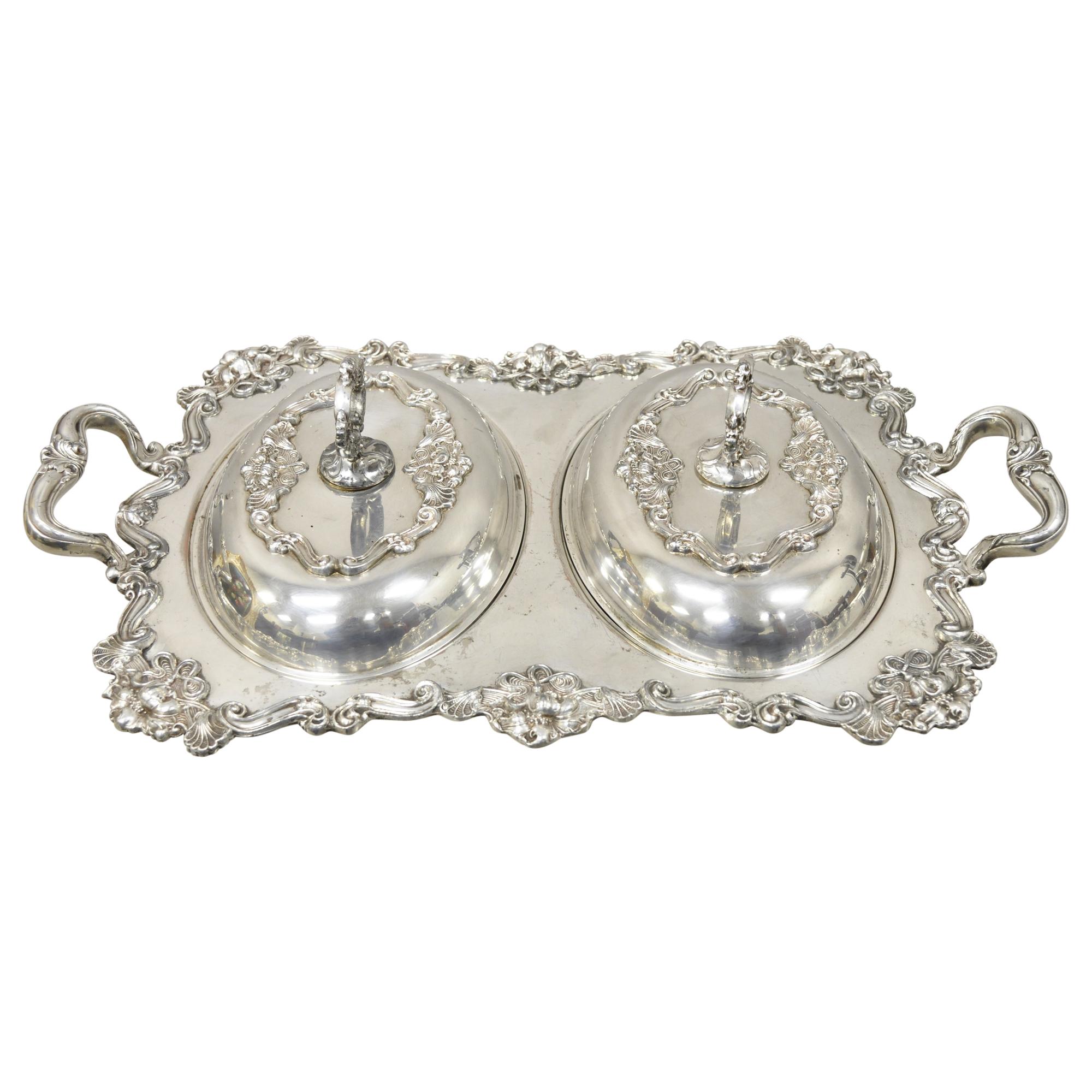 French Art Nouveau Silver Plate Double Side Serving Dish Platter Tray with Lids
