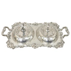Antique French Art Nouveau Silver Plate Double Side Serving Dish Platter Tray with Lids