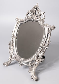 French Art Nouveau Silver Plate Dresser Vanity Table Easel Back Mirror, c. 1900