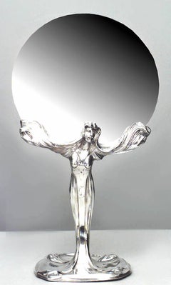 French Art Nouveau Silver Plate Figural Dressing Table / Vanity Mirror