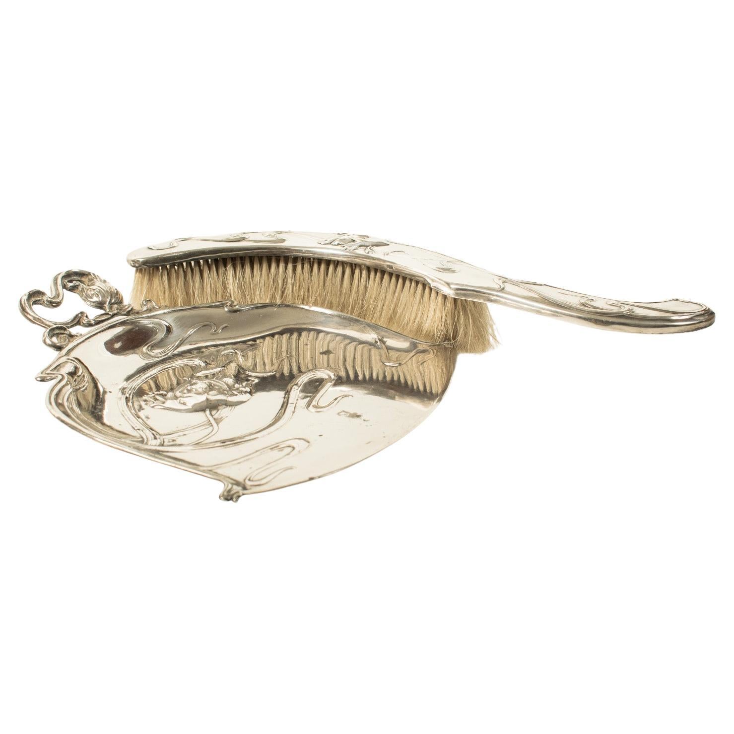 French ART NOUVEAU Silver-Plated Crumb Brush and Pan Set by Victor Saglier