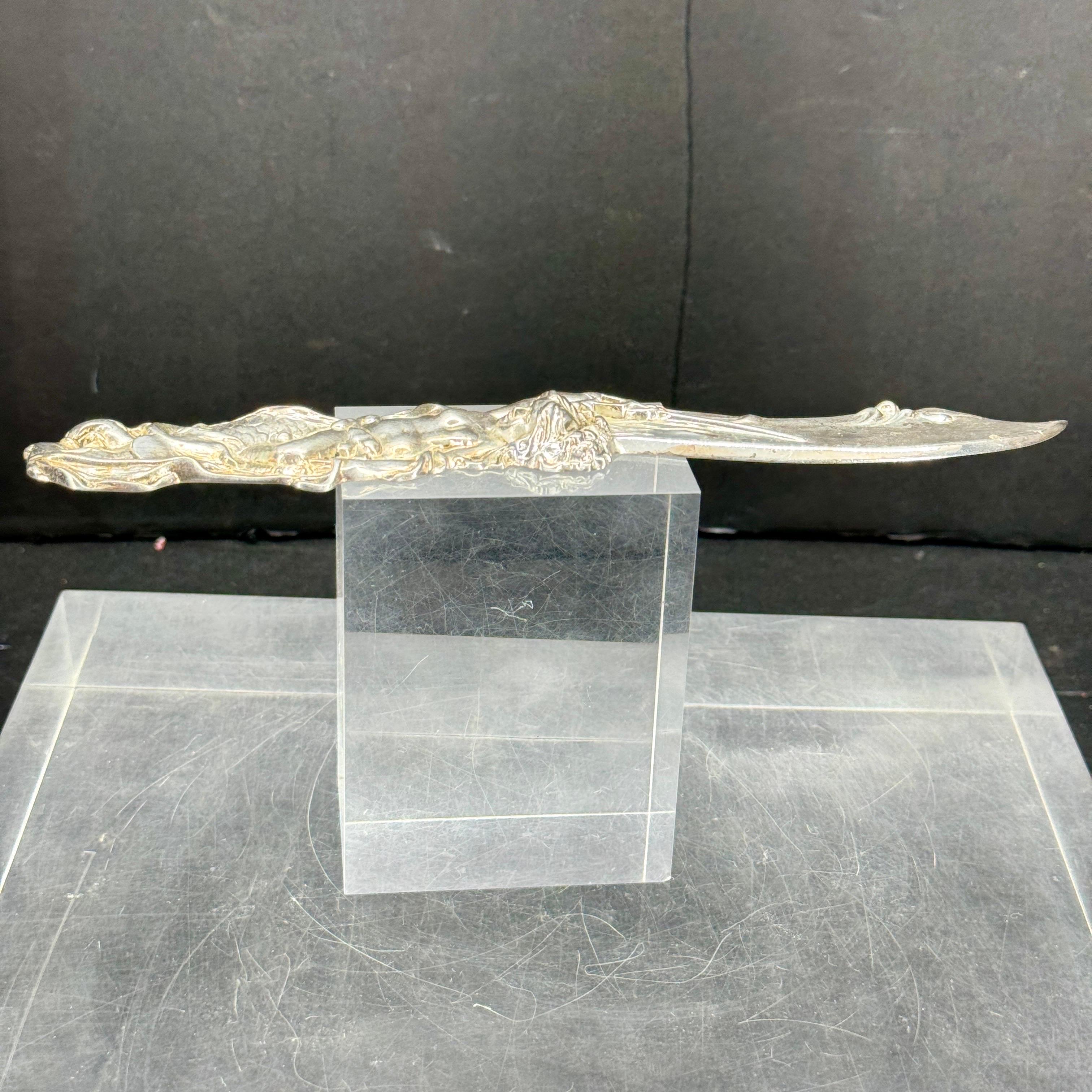 French Art Nouveau Silver Plated Nude Lady Letter Opener For Sale 8