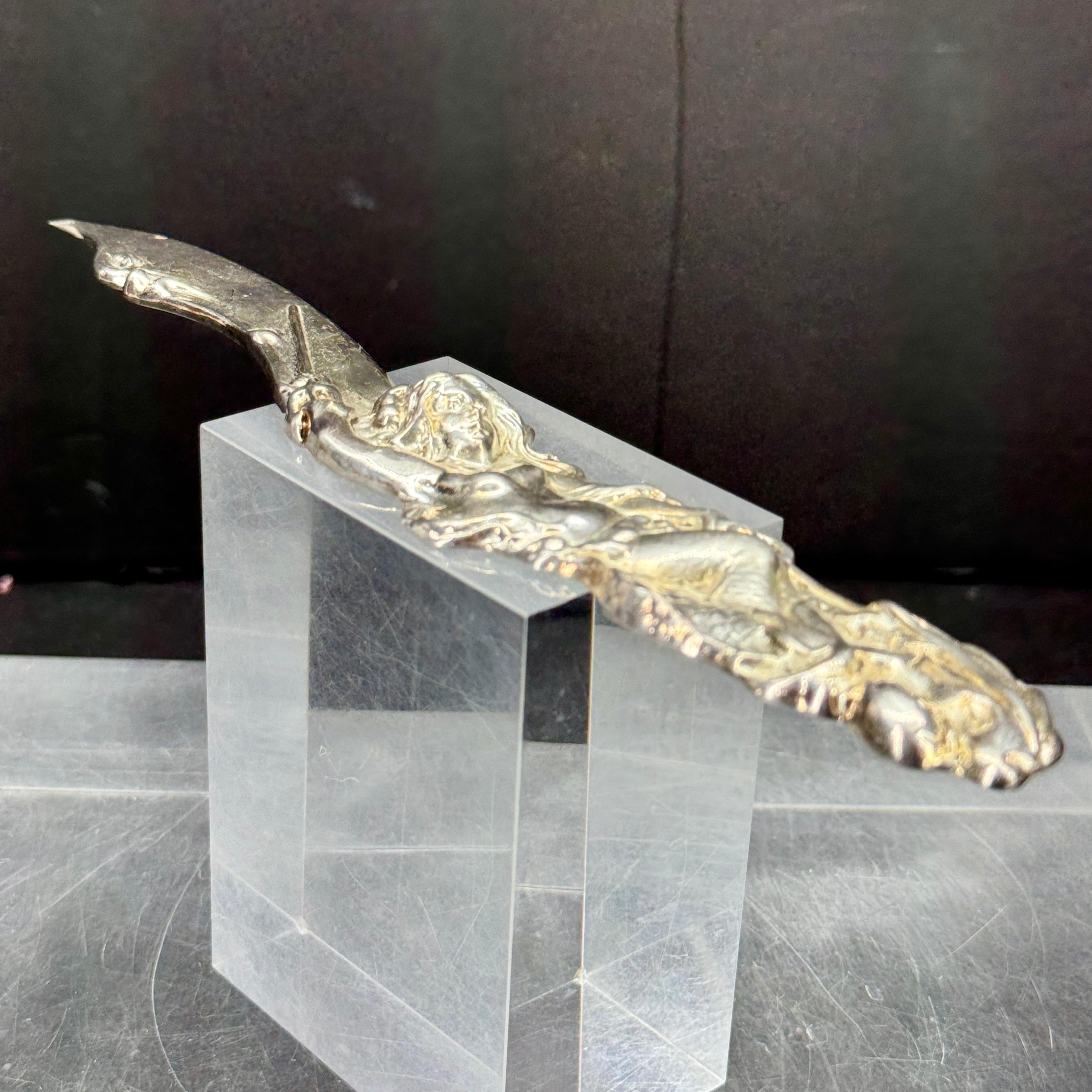 French Art Nouveau Silver Plated Nude Lady Letter Opener For Sale 1