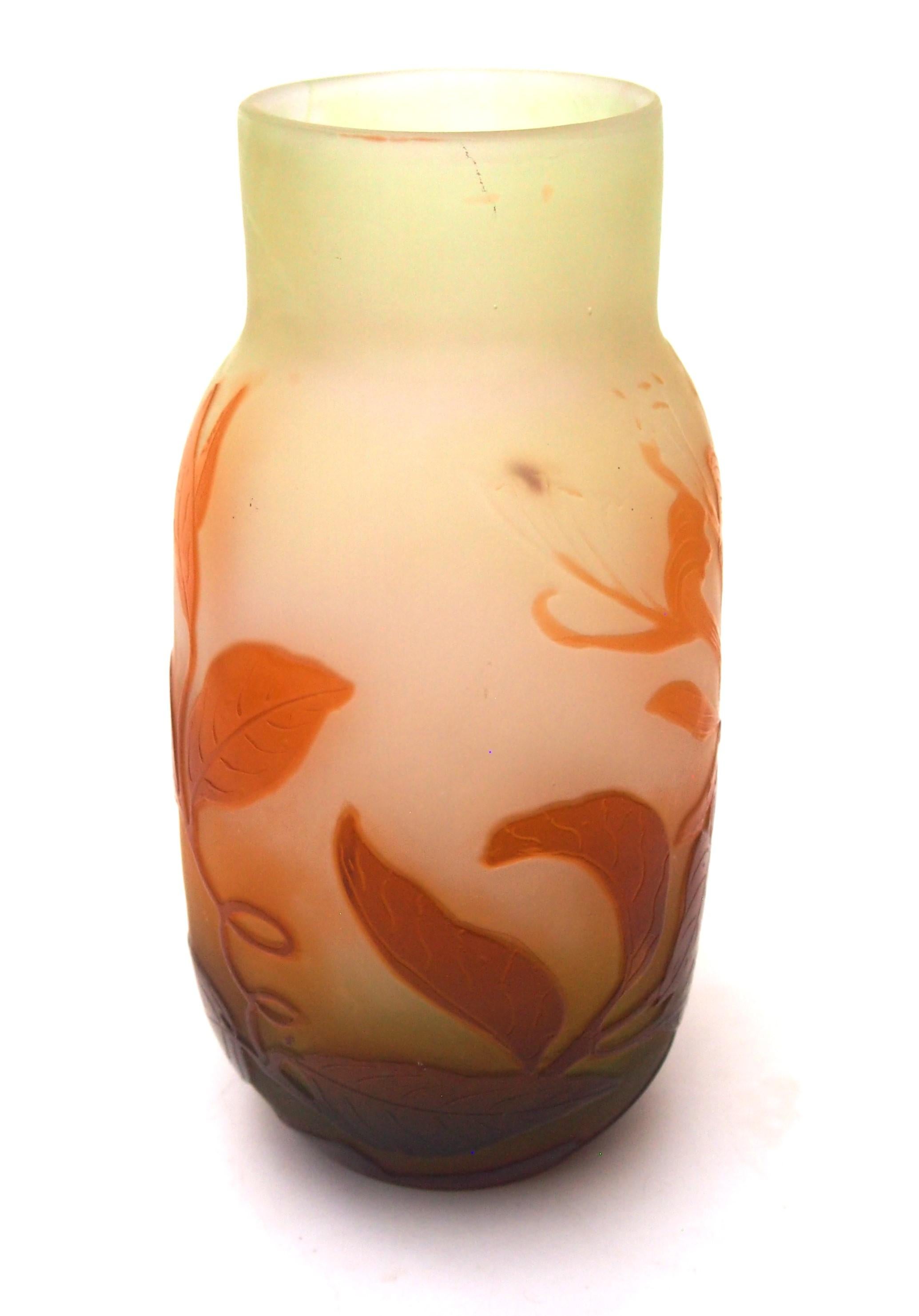 Early 20th Century French Art Nouveau Small Green/Orange Emile Galle Cameo Glass Vase Honeysuckle For Sale