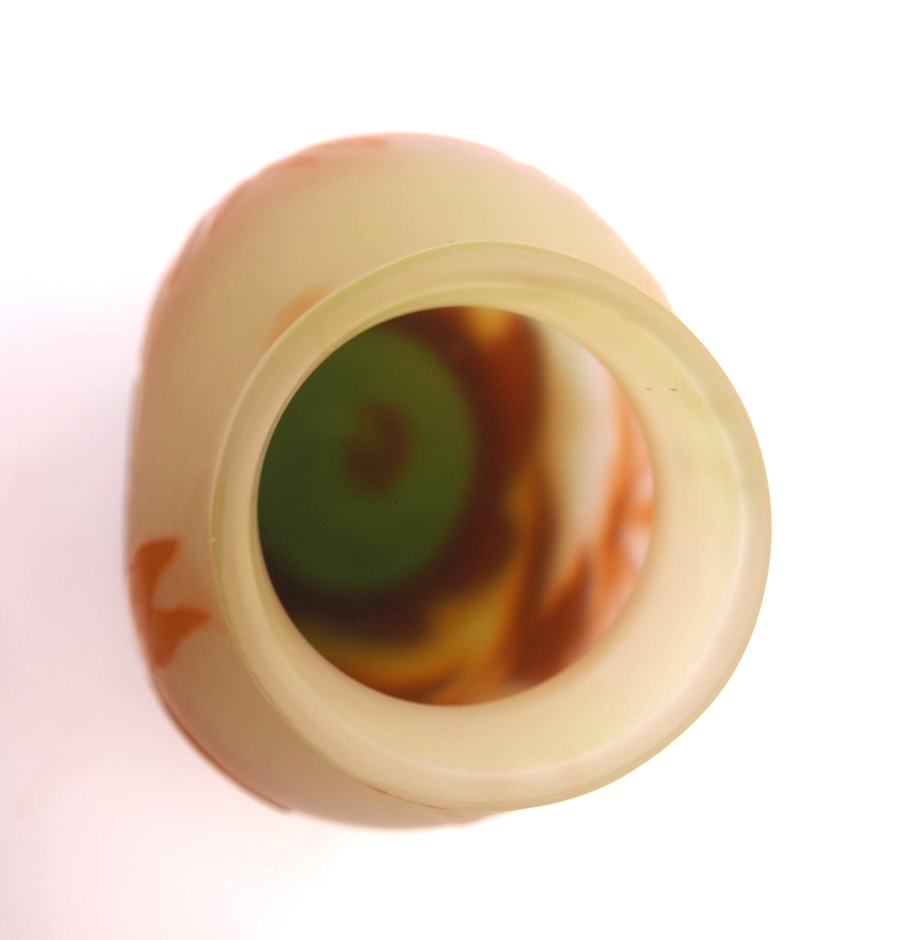 Art Glass French Art Nouveau Small Green/Orange Emile Galle Cameo Glass Vase Honeysuckle For Sale