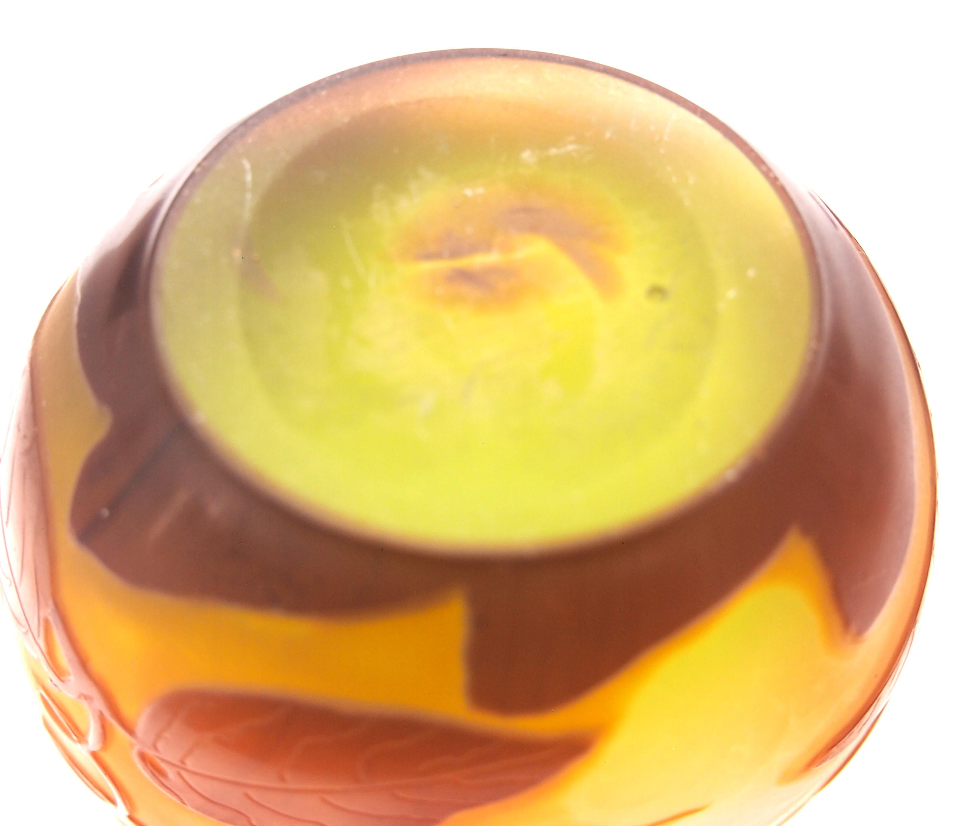 French Art Nouveau Small Green/Orange Emile Galle Cameo Glass Vase Honeysuckle For Sale 1