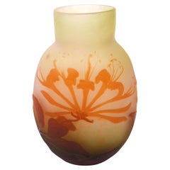 French Art Nouveau Small Green/Orange Emile Galle Cameo Glass Vase Honeysuckle