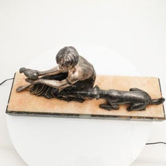 Sculpture française Art Nouveau en zinc brut et marbre