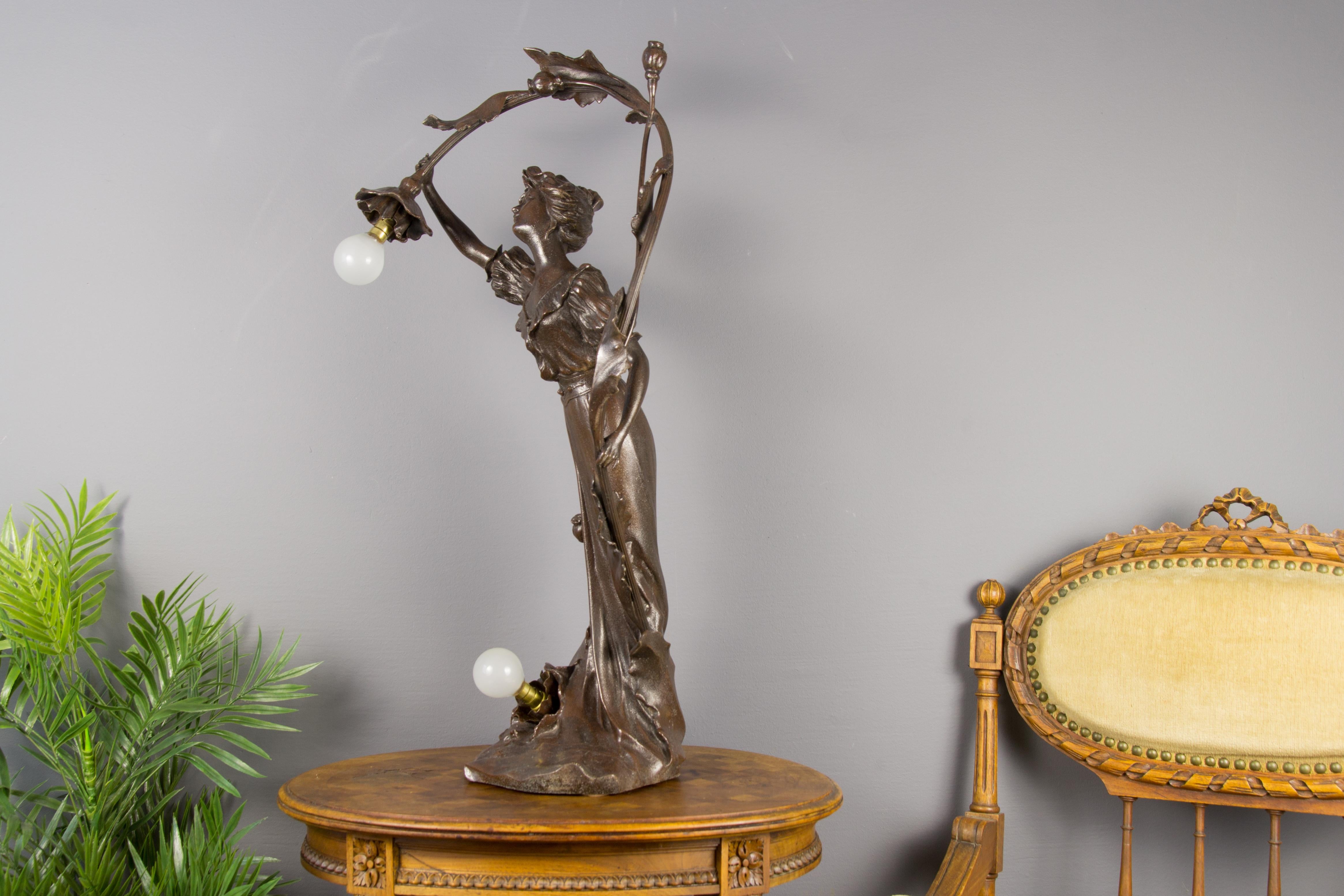 French Art Nouveau Spelter Figural Two-Light Lamp 8