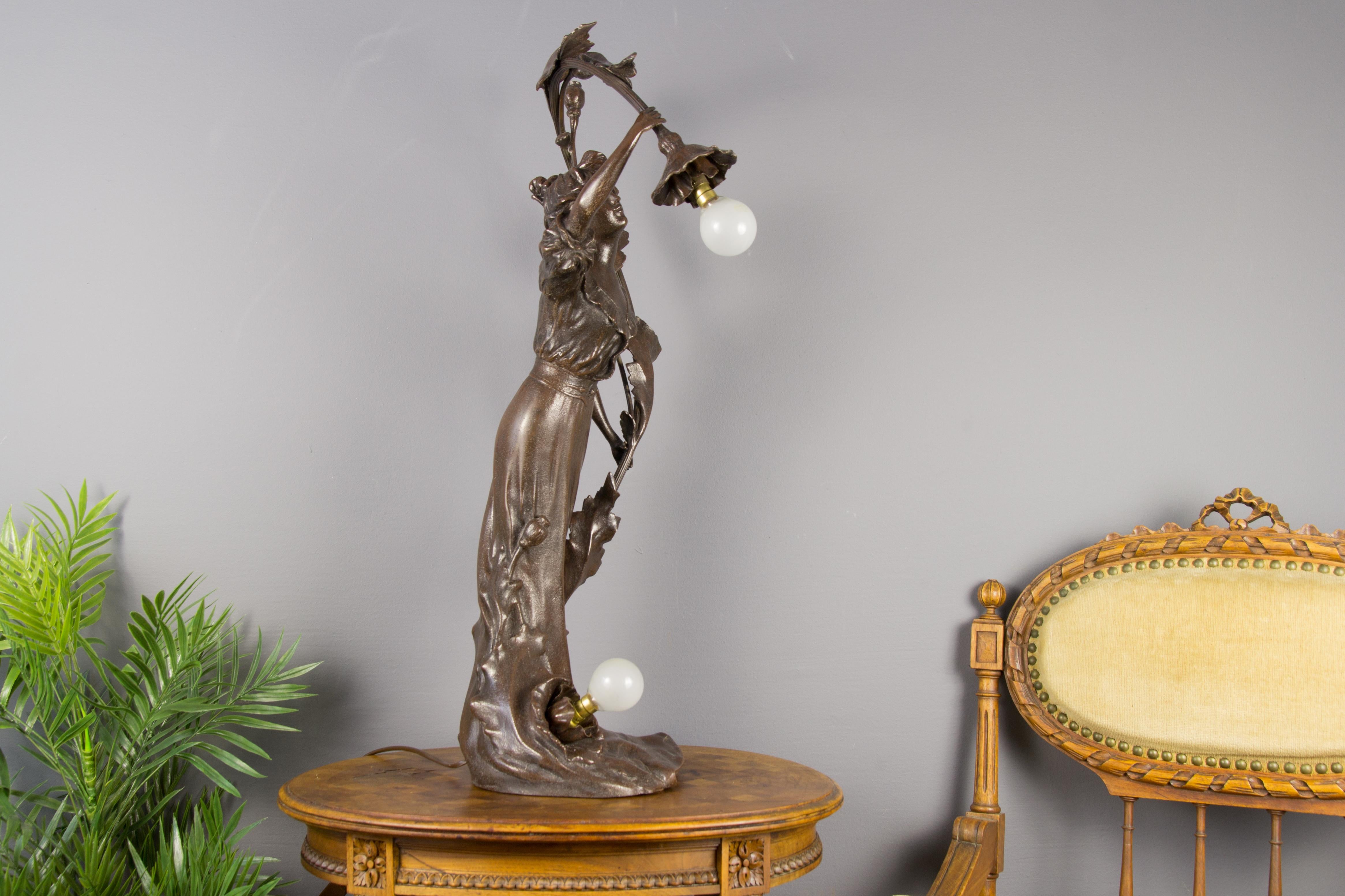 French Art Nouveau Spelter Figural Two-Light Lamp 9
