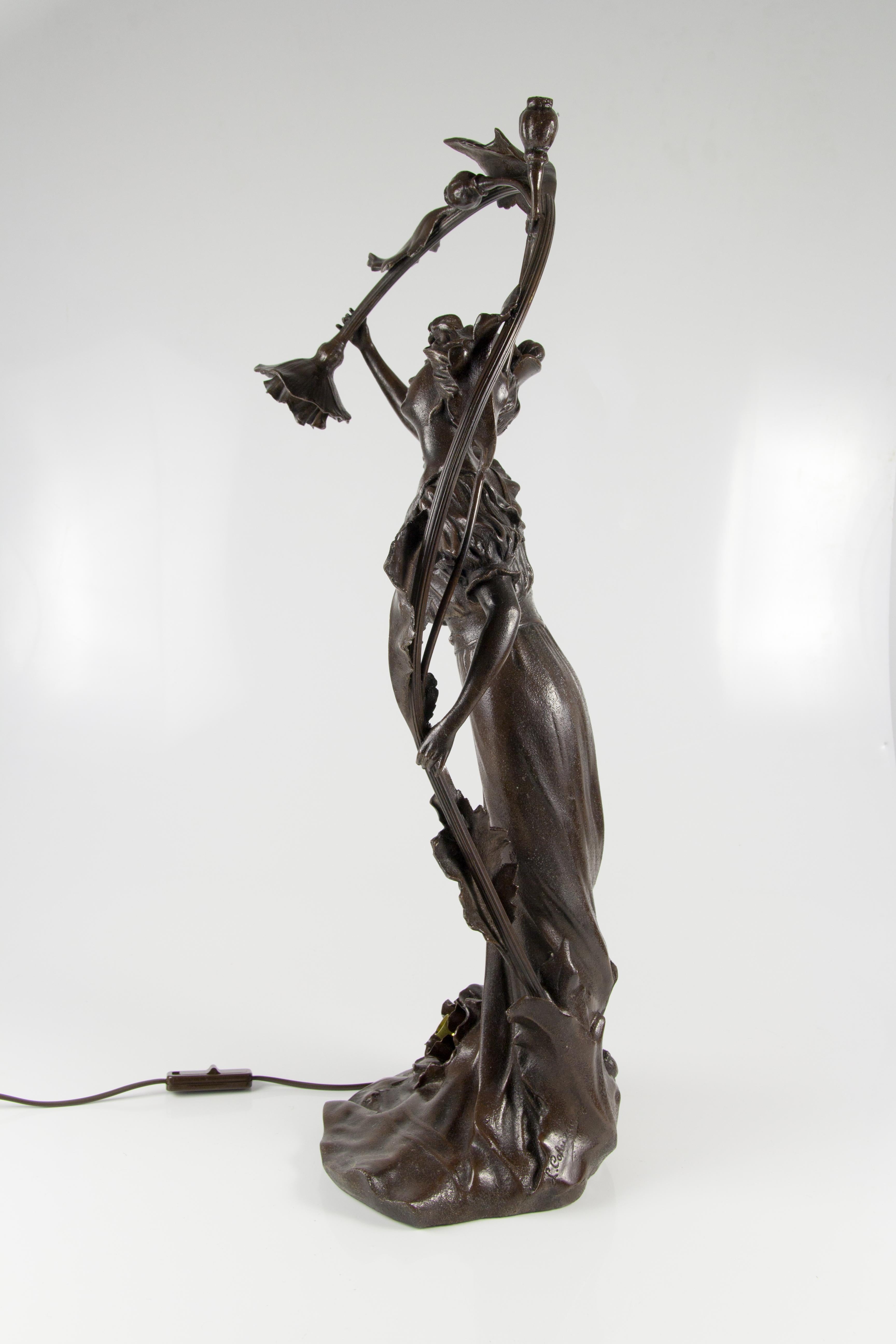 French Art Nouveau Spelter Figural Two-Light Lamp 13