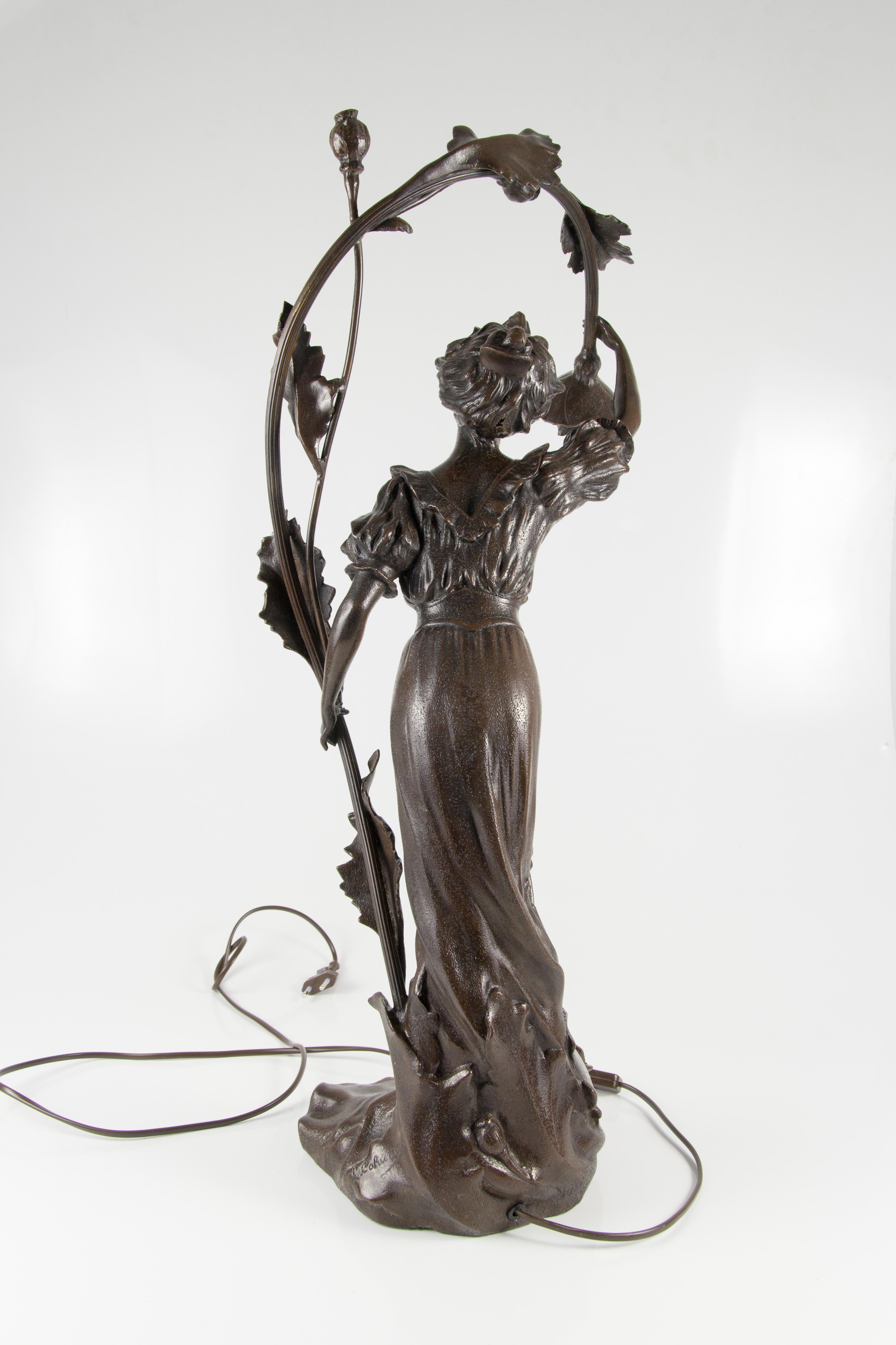 French Art Nouveau Spelter Figural Two-Light Lamp 14