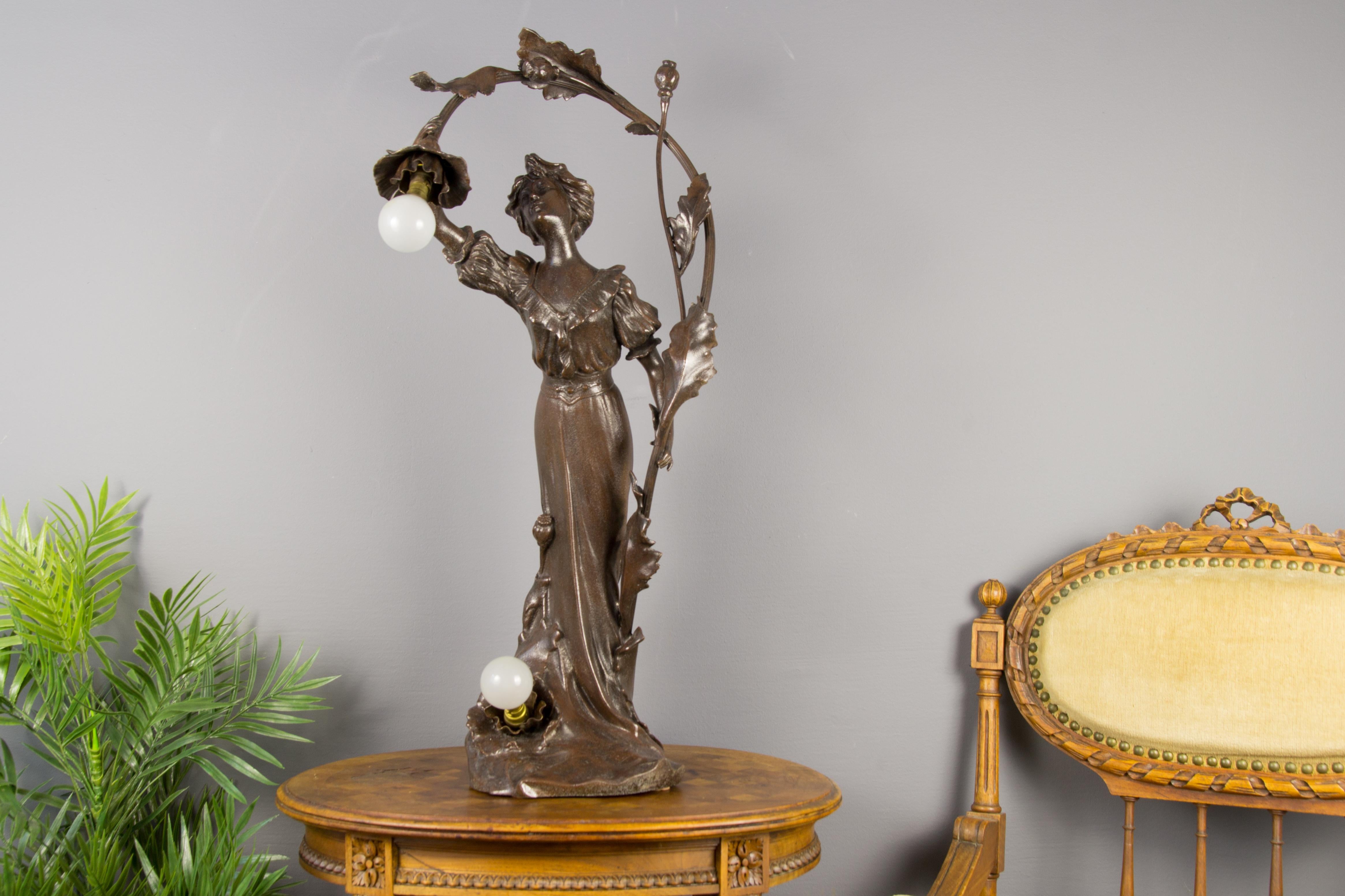 French Art Nouveau Spelter Figural Two-Light Lamp 1