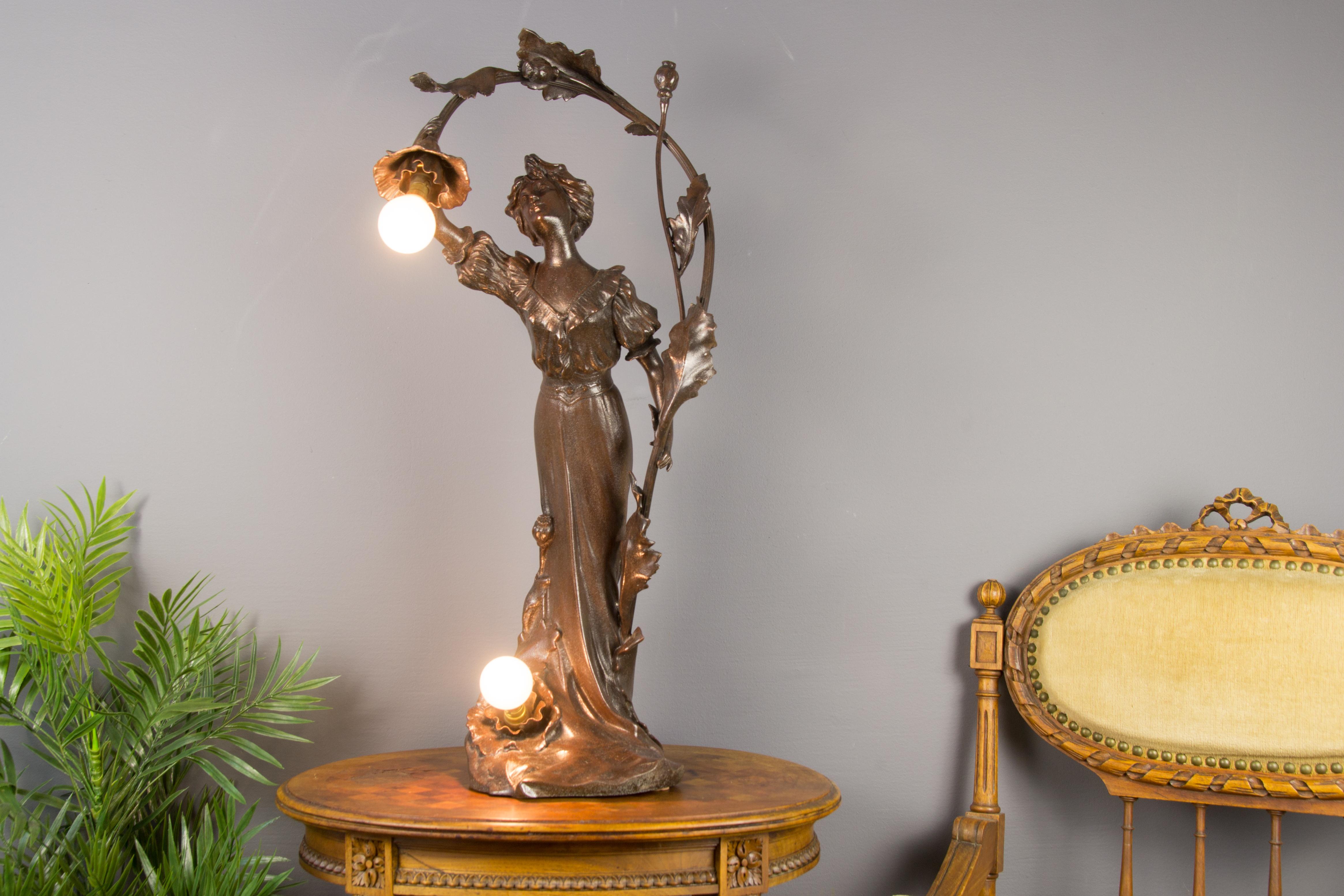 French Art Nouveau Spelter Figural Two-Light Lamp 2