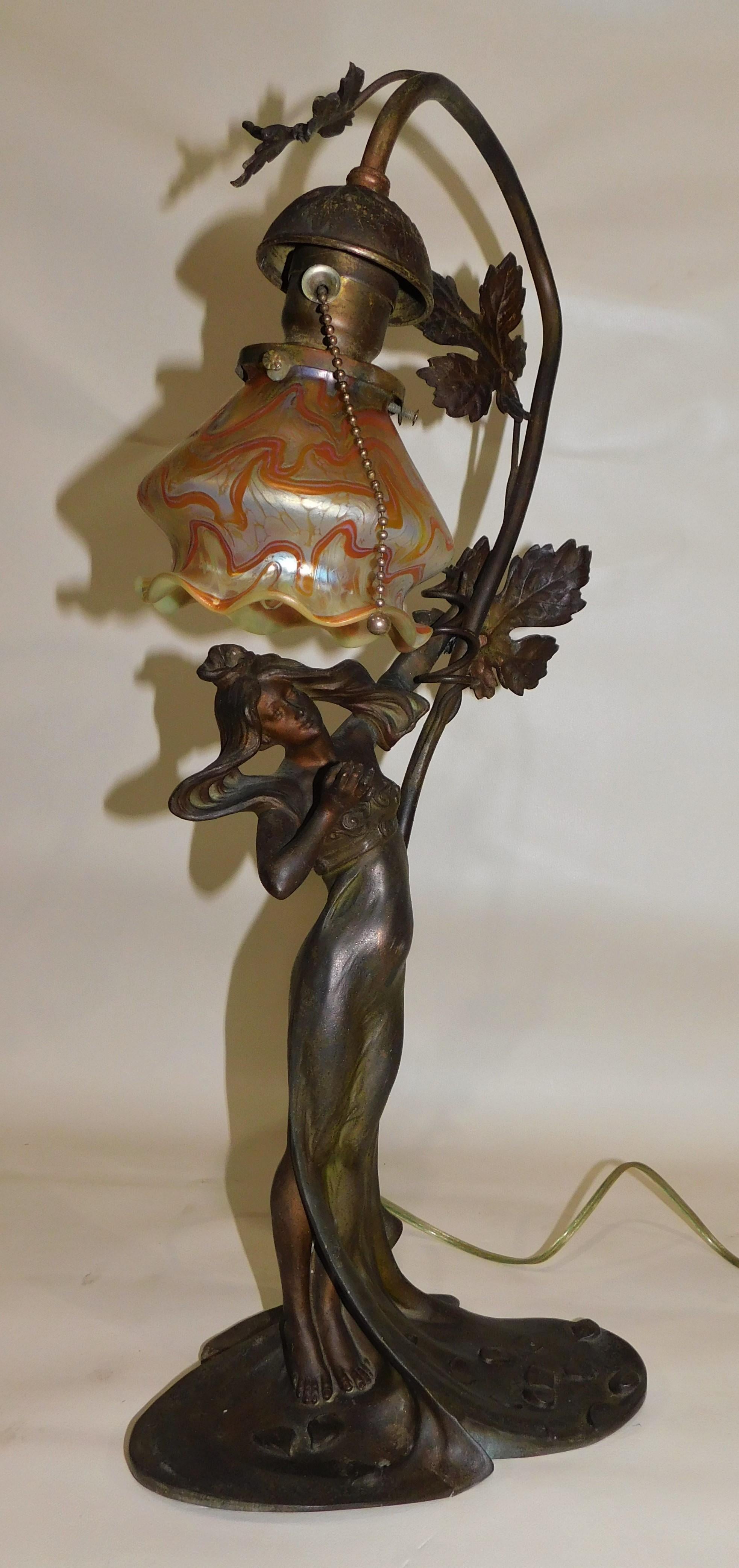 20th Century French Art Nouveau Spelter Table Lamp with Vintage Loetz Art Glass Shade