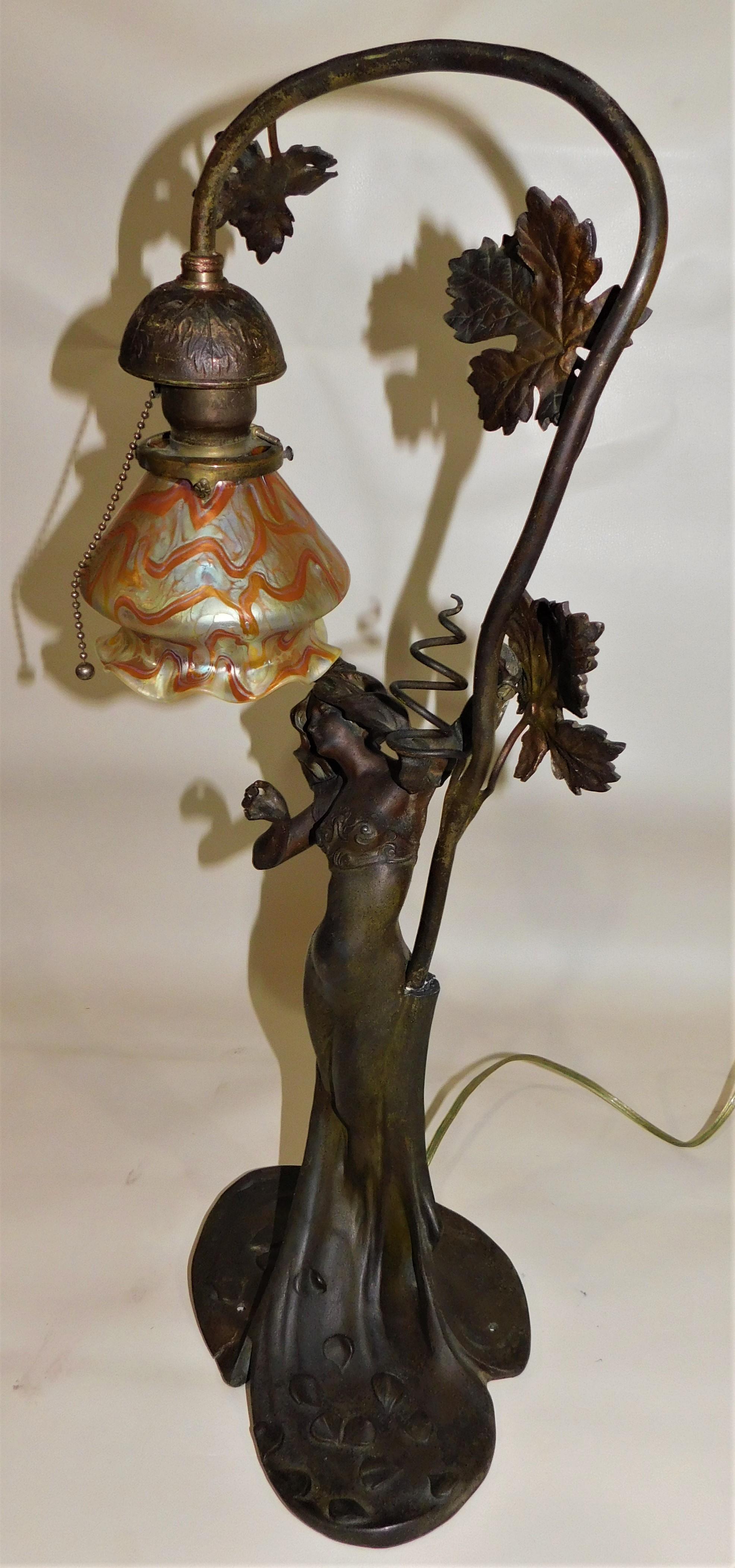 French Art Nouveau Spelter Table Lamp with Vintage Loetz Art Glass Shade 1