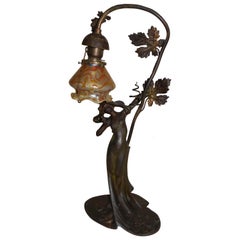 French Art Nouveau Spelter Table Lamp with Antique Loetz Art Glass Shade