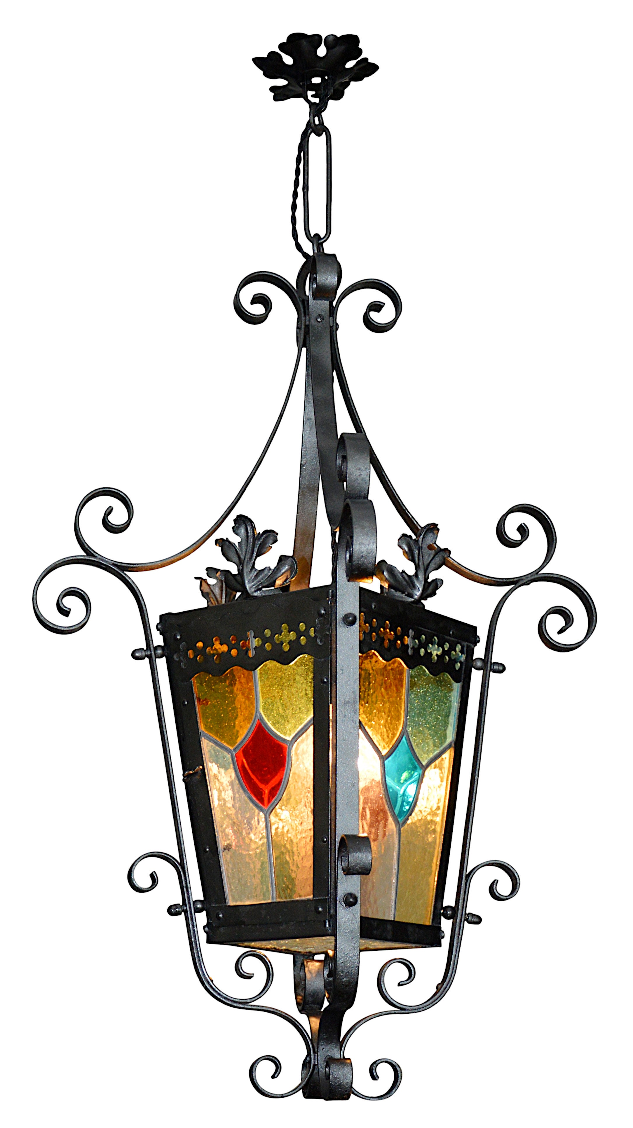 French Art Nouveau stained-glass lantern, France, 1890-1900. Stained-glass and iron. Full height: 34
