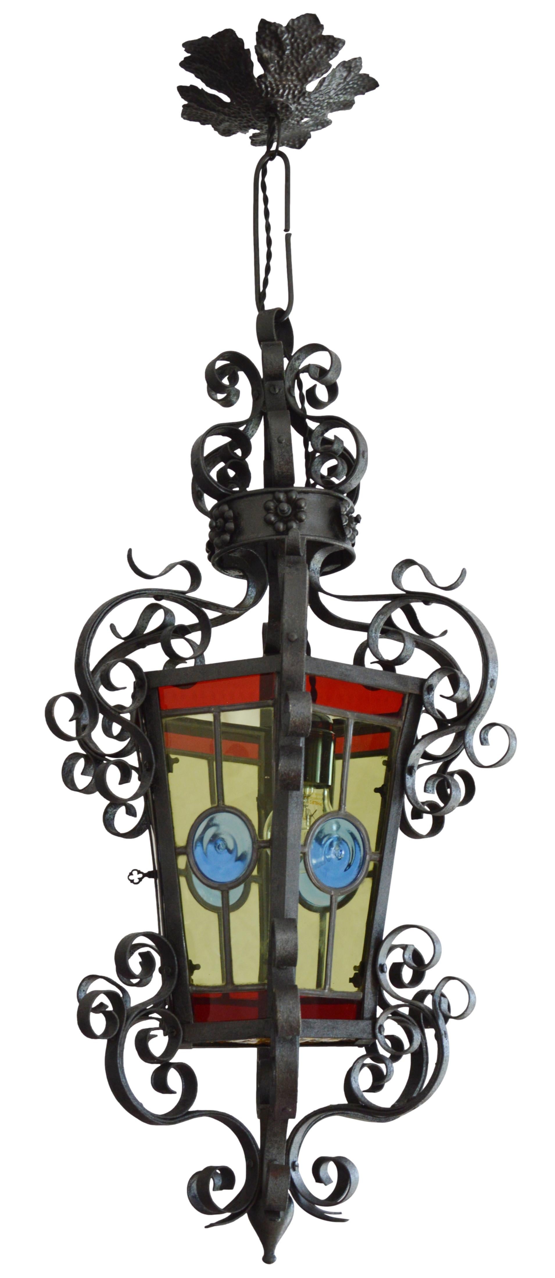 French Art Nouveau stained-glass lantern, France, 1890-1900. Stained-glass and iron. Full height: 35.5