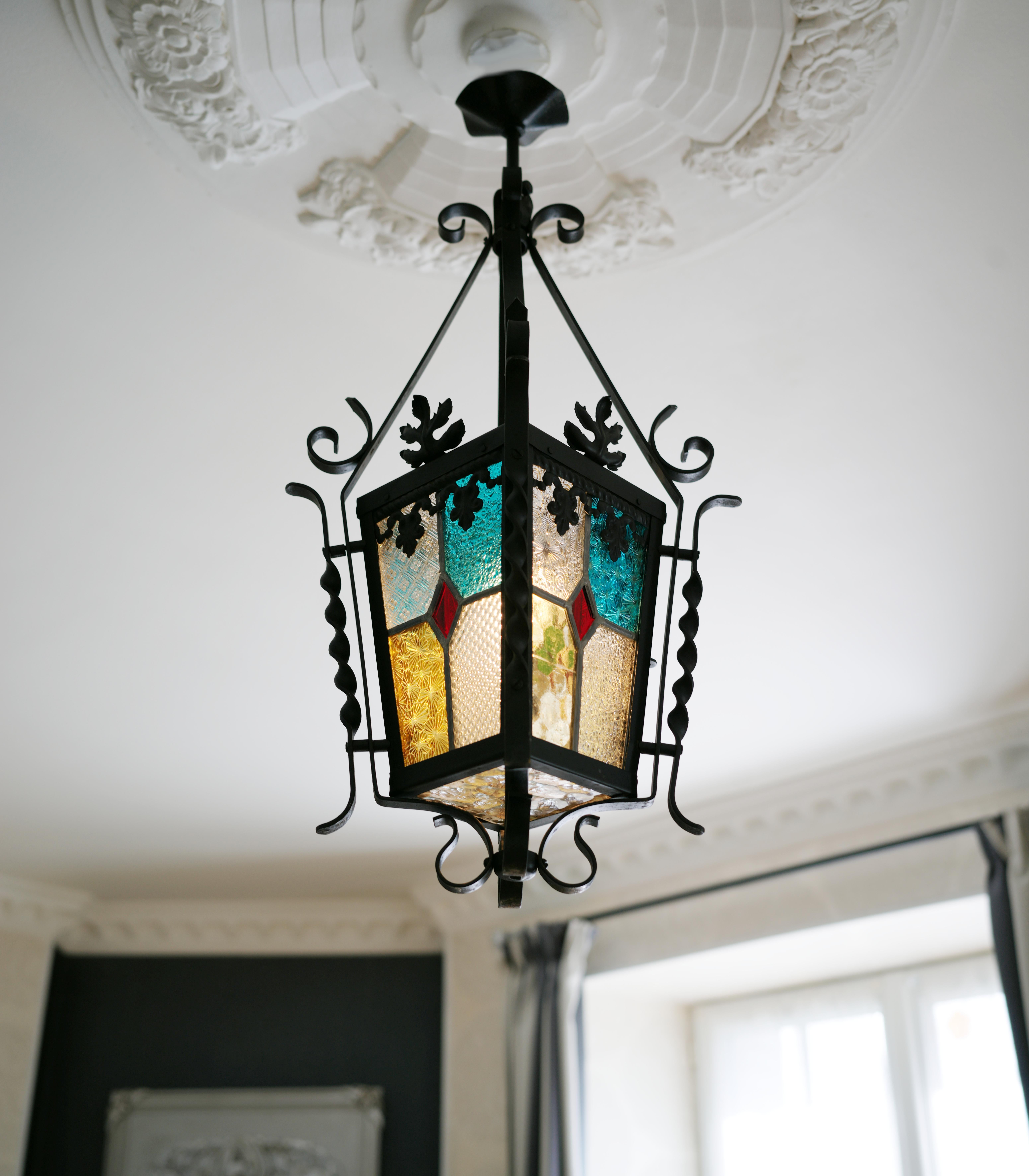 Französische Jugendstil-Laterne aus Buntglas, 1890-1900 (Art nouveau) im Angebot