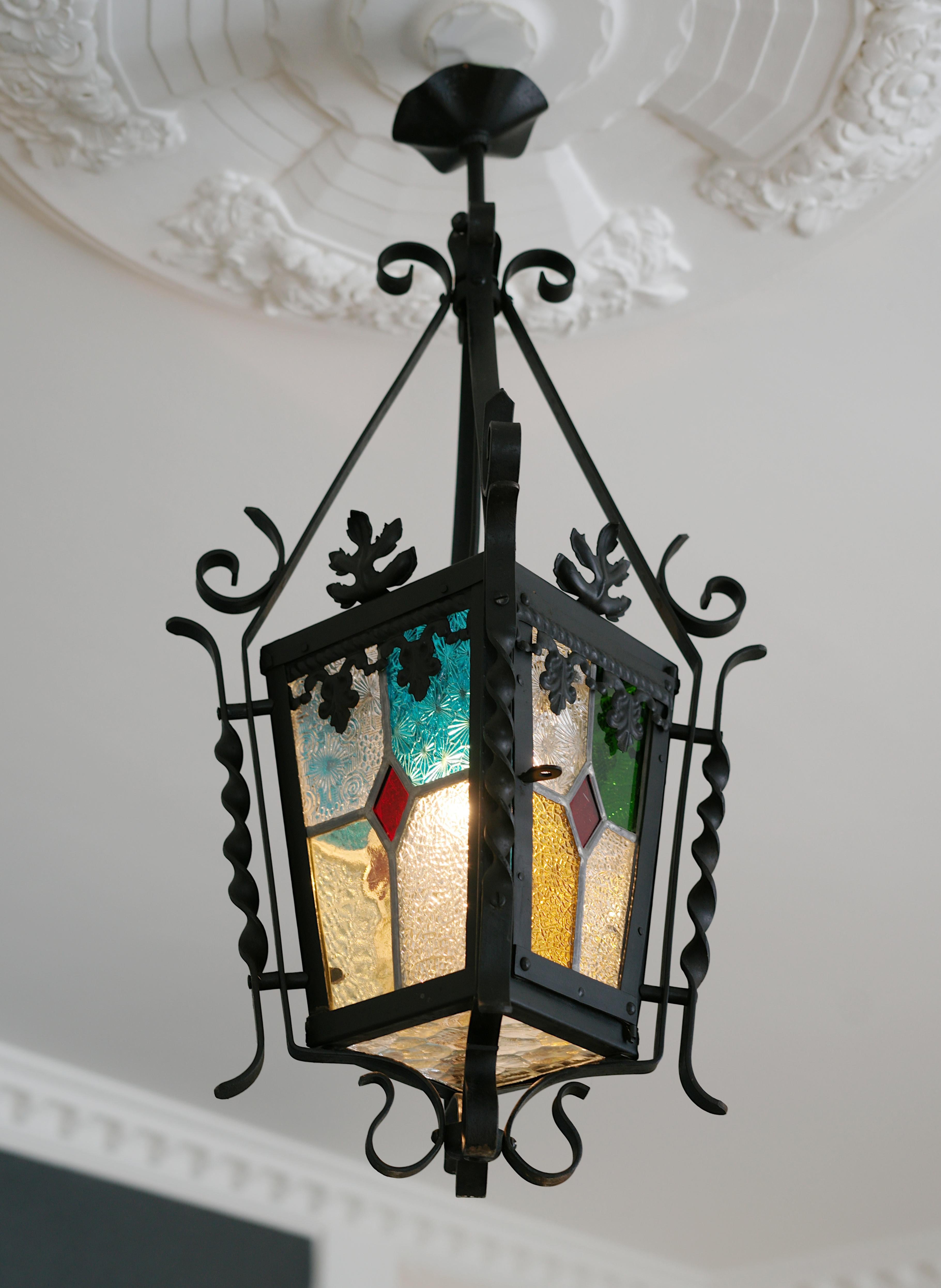 Französische Jugendstil-Laterne aus Buntglas, 1890-1900 im Angebot 1