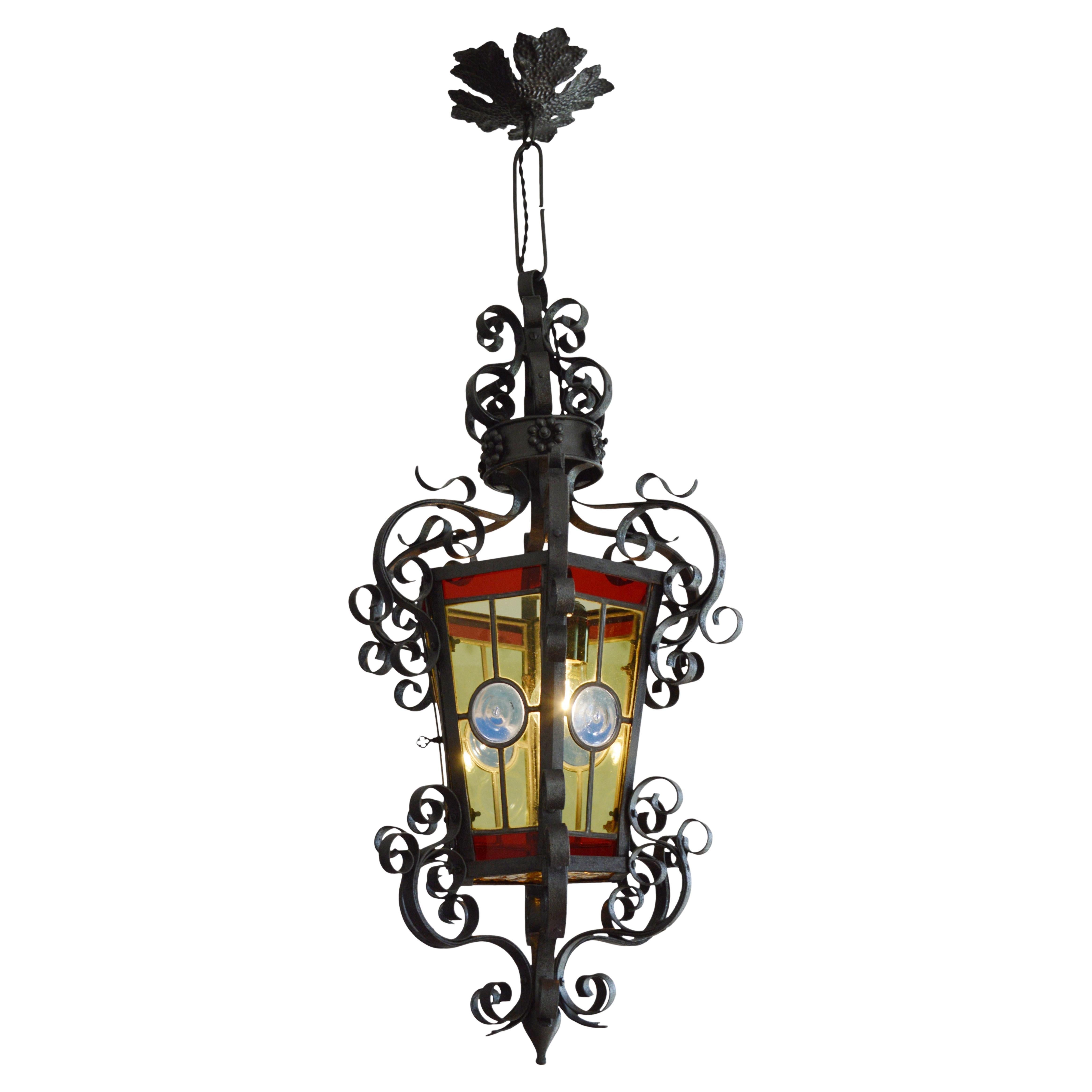 Lanterne française Art Nouveau en verre teinté, 1890-1900