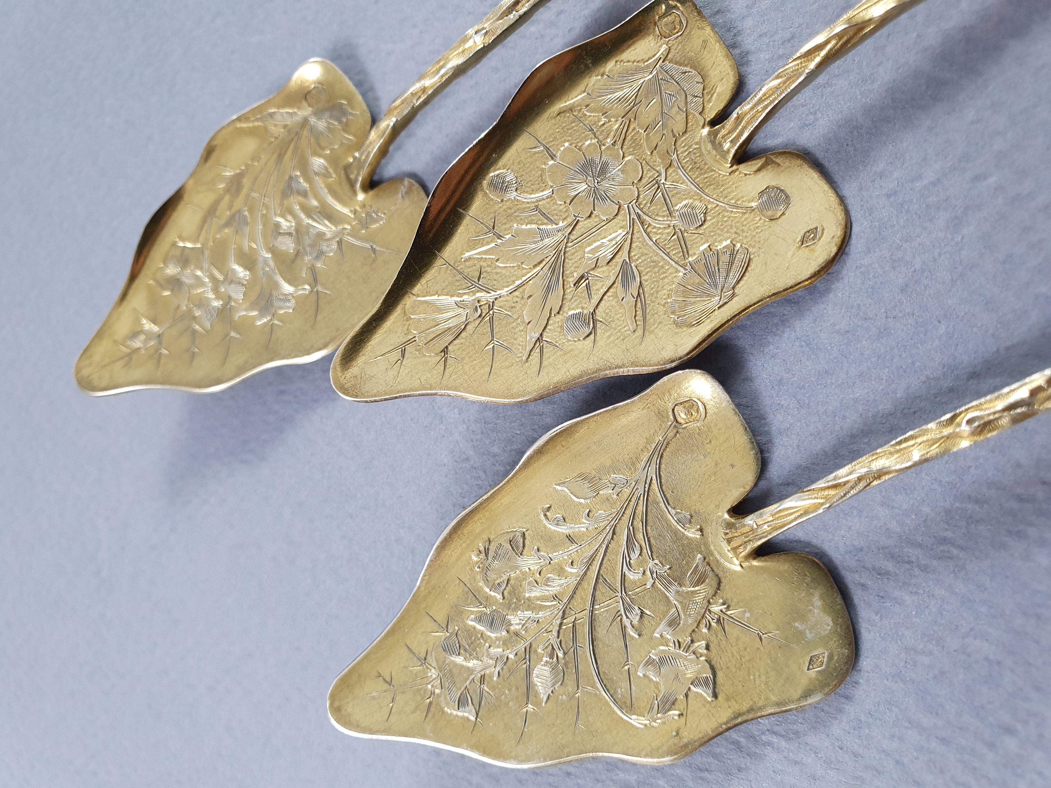 French Art Nouveau Sterling Silver Gilt Ice Cream Set Spoons 6