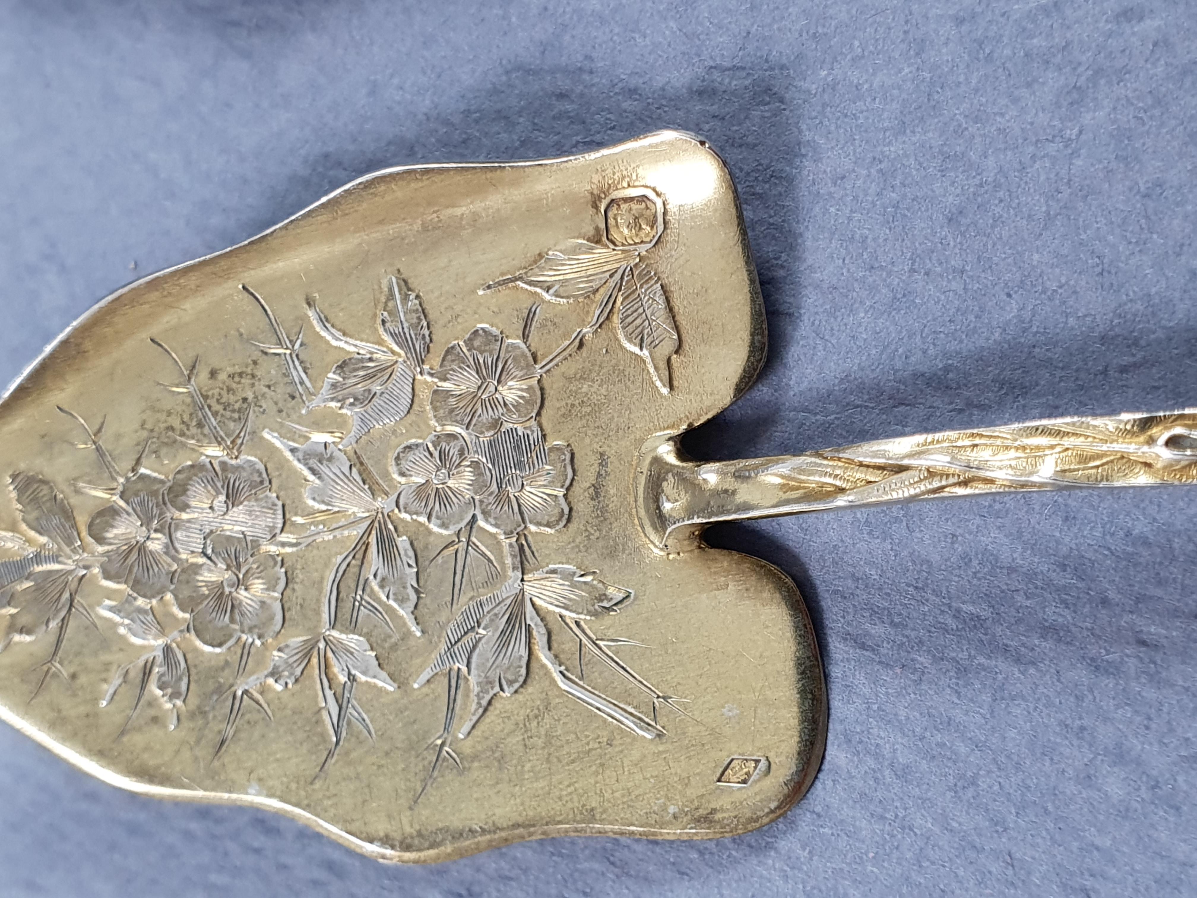 French Art Nouveau Sterling Silver Gilt Ice Cream Set Spoons 7