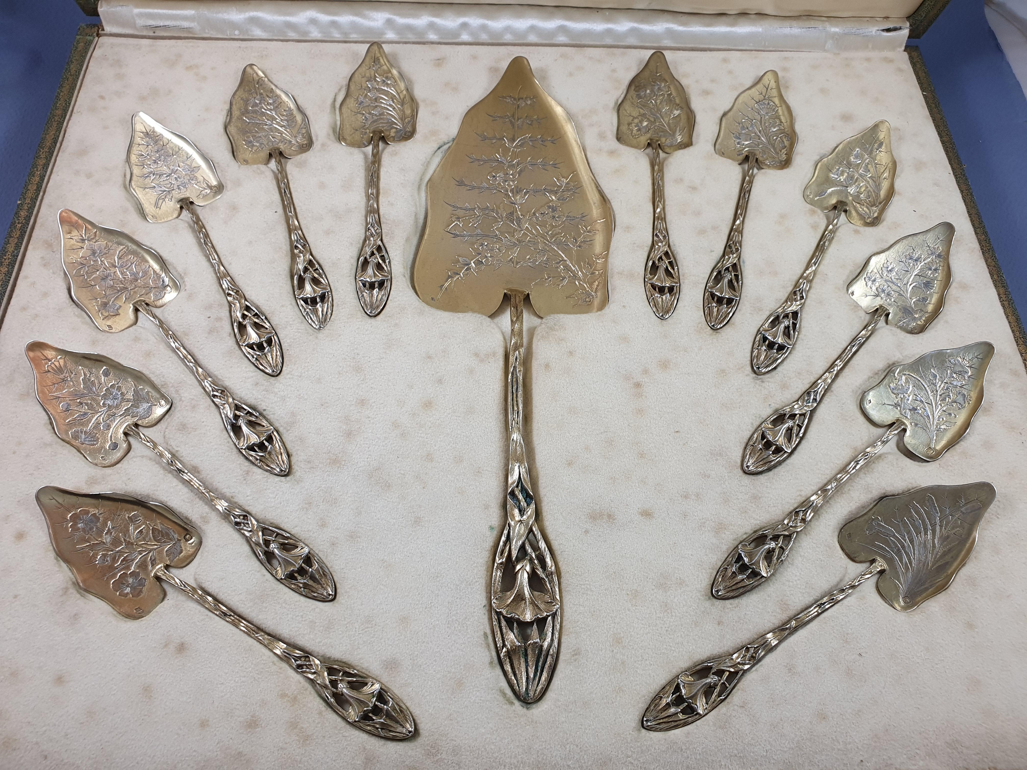 French Art Nouveau Sterling Silver Gilt Ice Cream Set Spoons 9